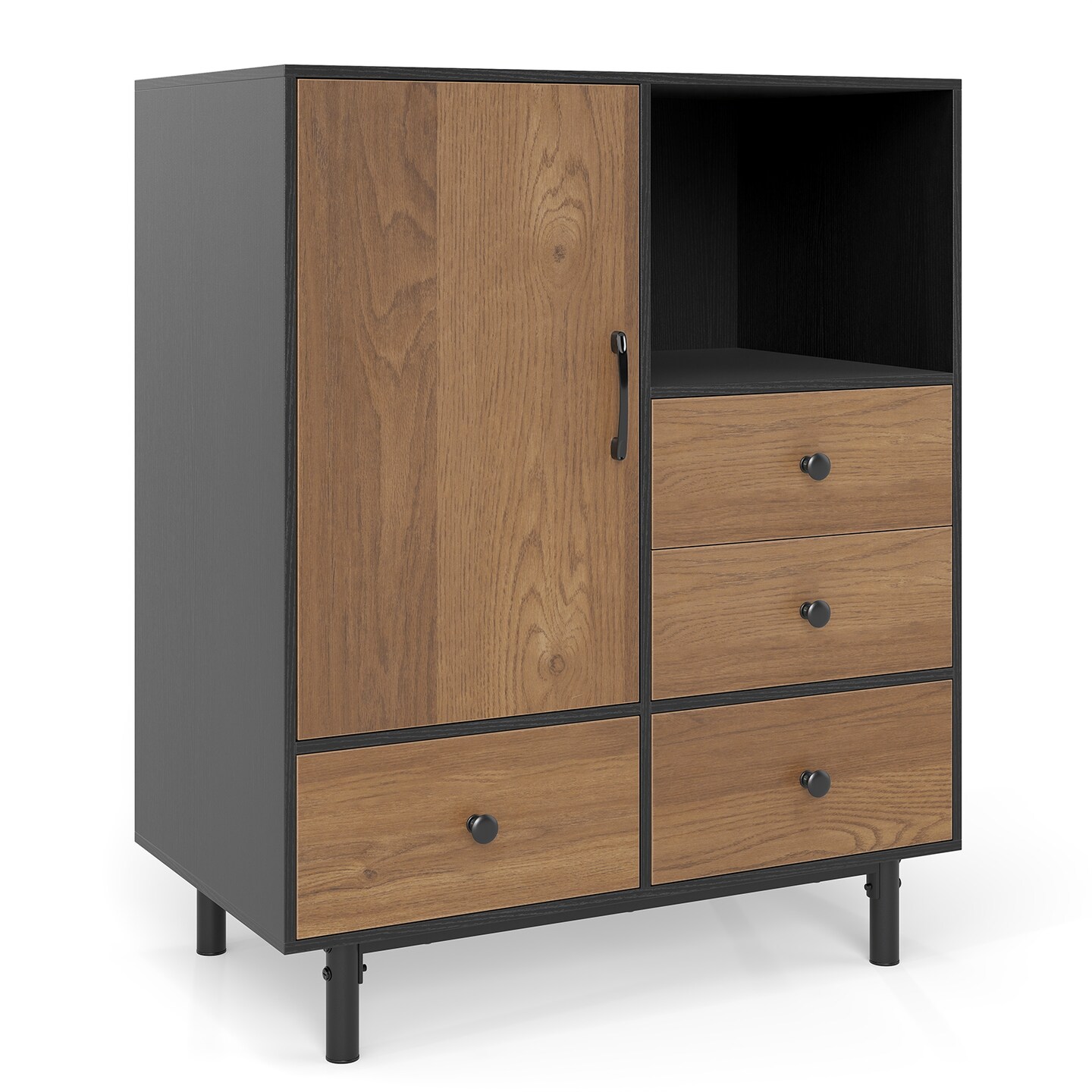 Mid Century Modern 4 Drawer Sideboard Buffet Cabinet with Door and Open Storage Shelf Natural Wood