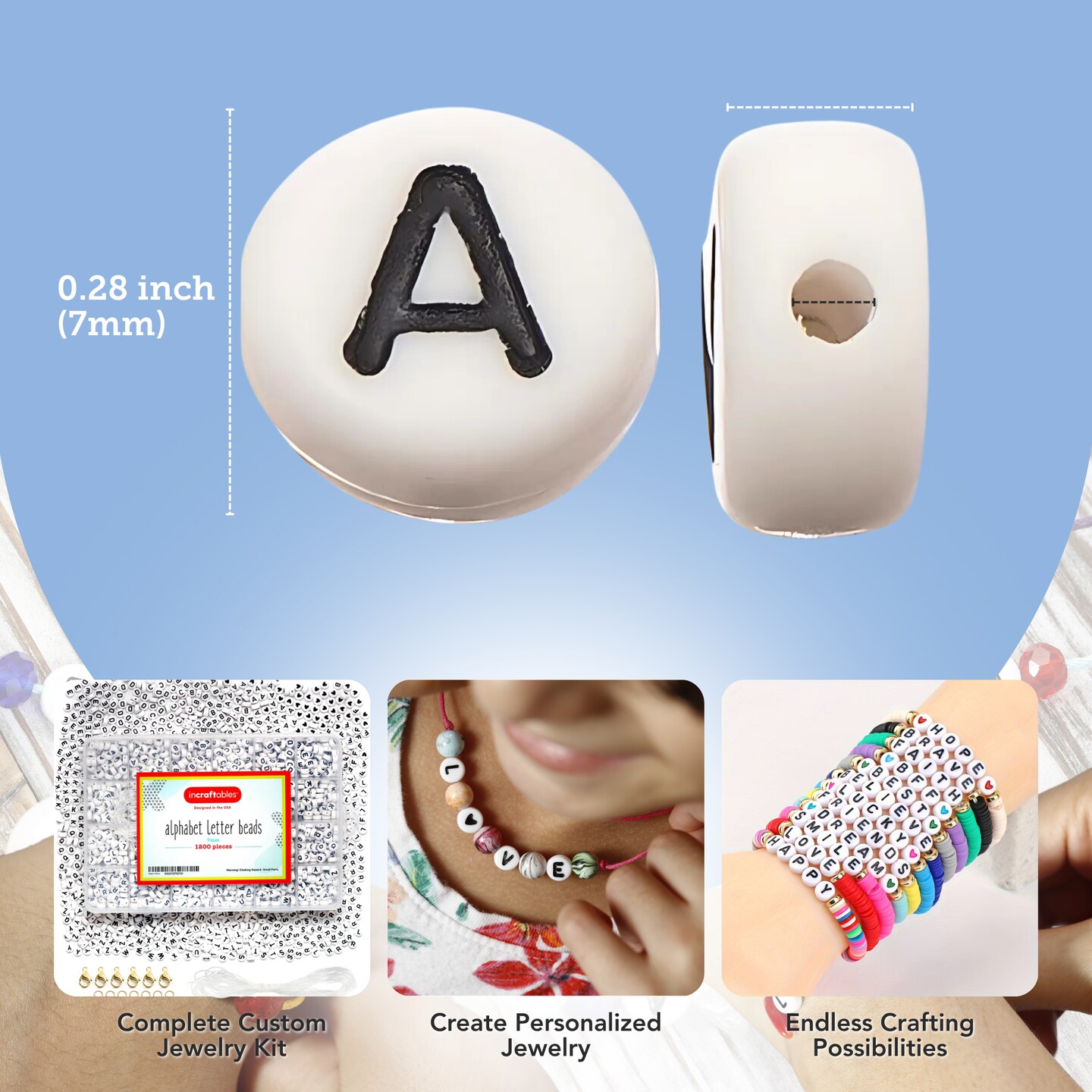 Incraftables 1200pcs Round Letter Beads for Jewelry Making (7mm). A-Z Letters Black Alphabet for DIY Friendship Bracelets & Crafts. ABC Circle & Heart Bead w/ Elastic String, Clasps & Organizer Box