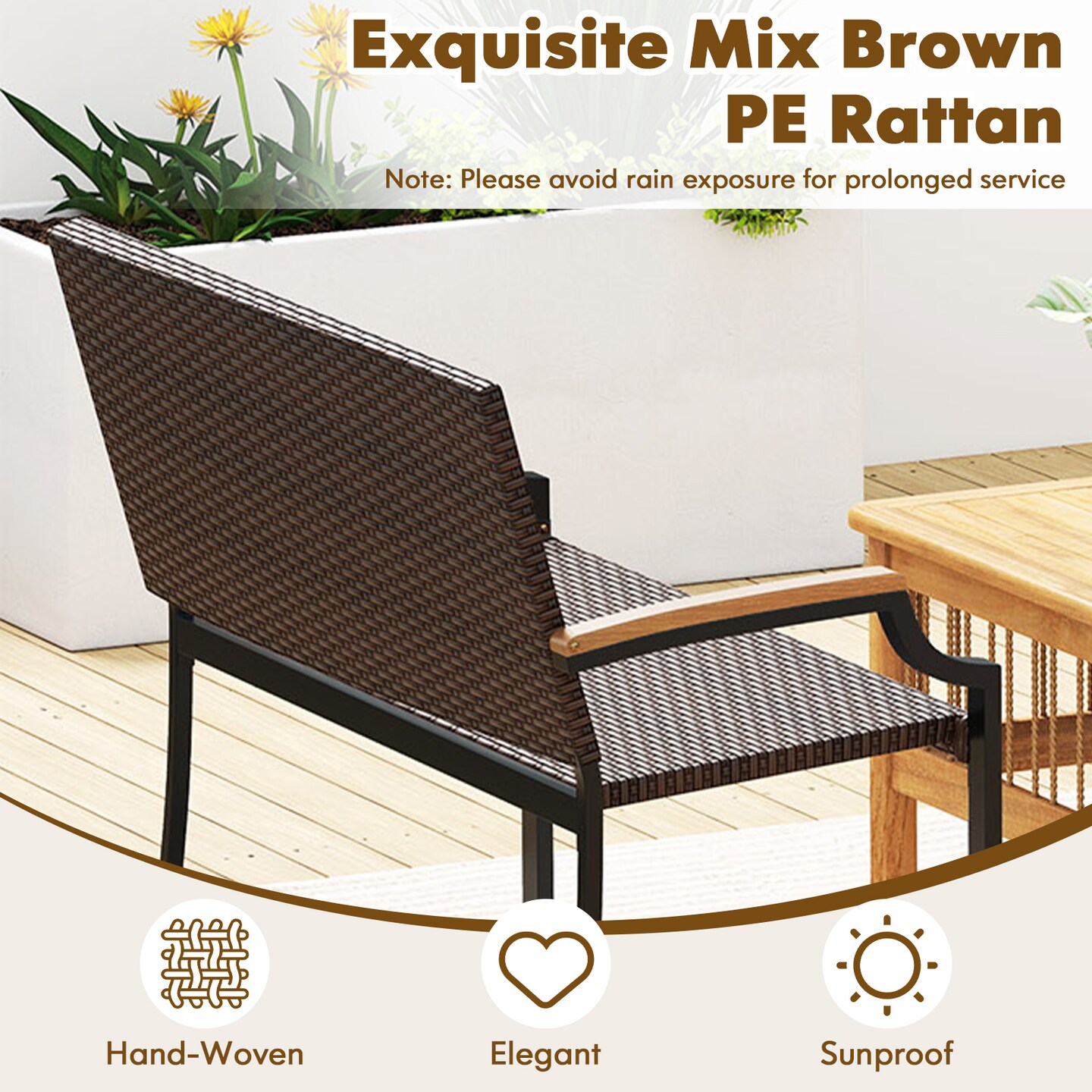 Outdoor Mix Brown Rattan Loveseat Bench for Patio Porch Garden with Metal Frame and Wood Armrests