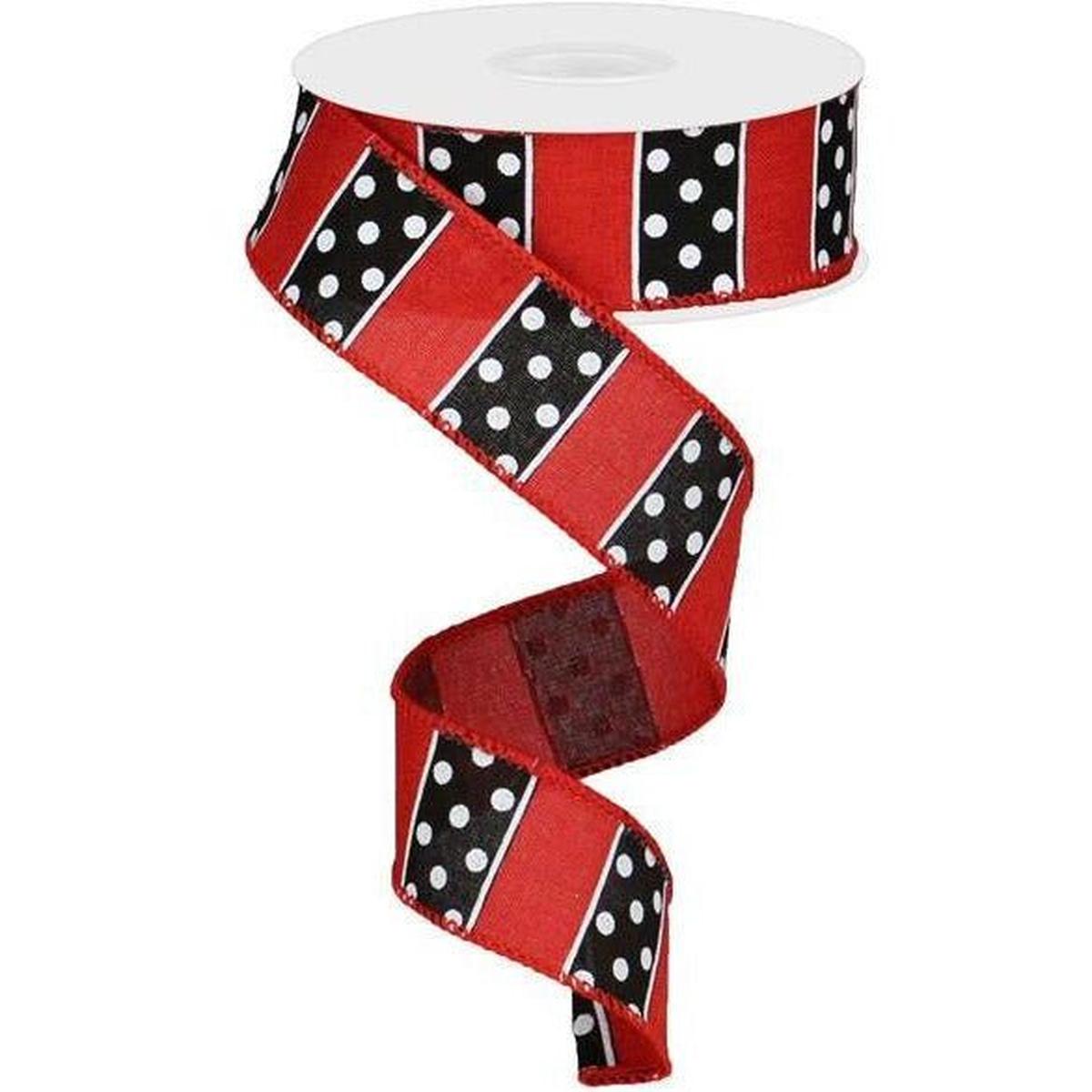 1.5&#x22; B &#x26; W Polka Dot Stripes Ribbon: Red (10 Yards)
