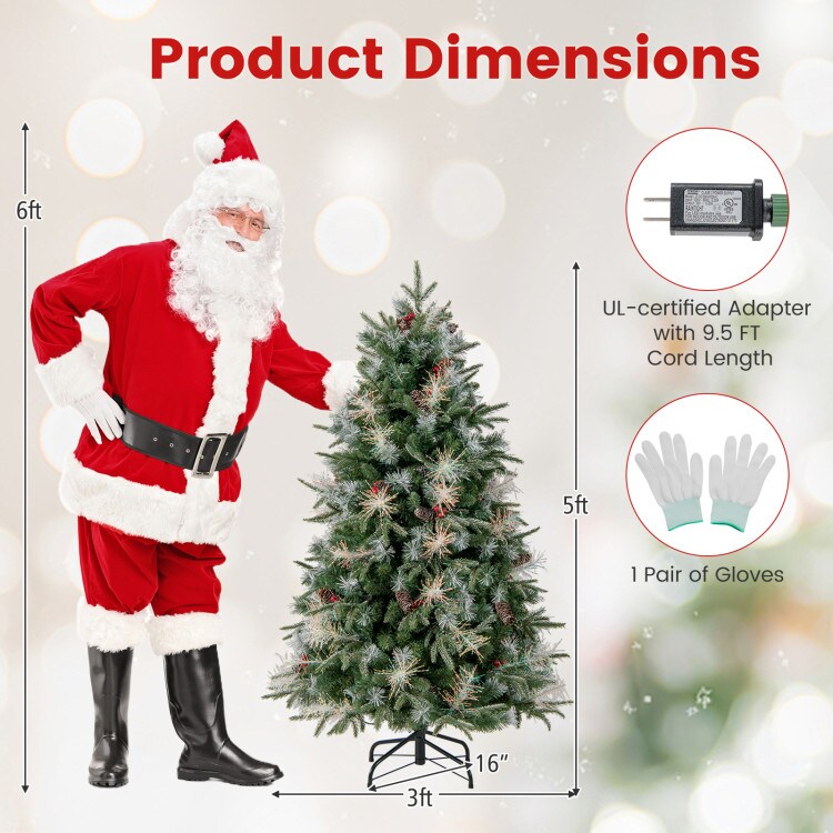 Pre-Lit Green Christmas Tree with 8 Lighting Modes and Pinecones Red Berries Included Sturdy Base