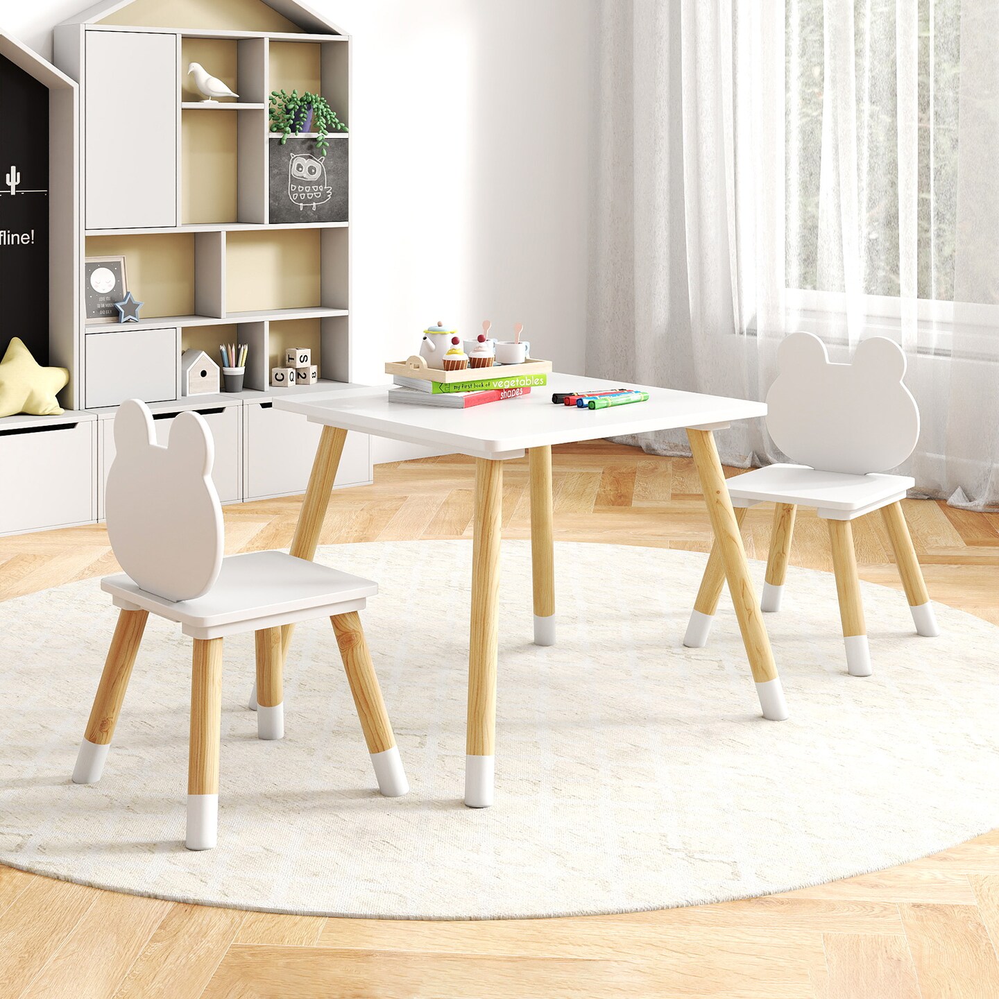 Kids Table and Chair Set White and Natural MDF Pine Wood Toddler Activity Desk with 2 Chairs