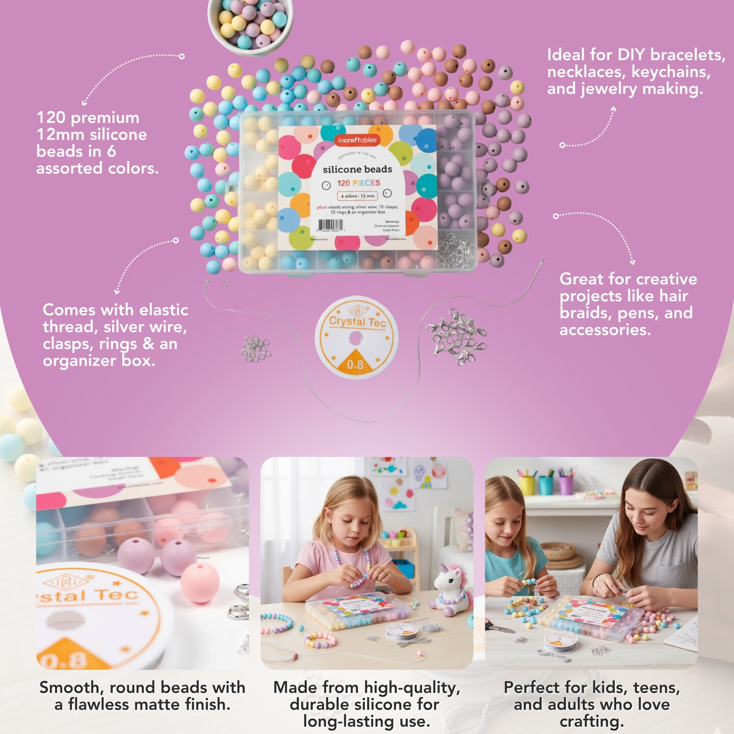 Incraftables Silicone Beads for Keychain making 120pcs Kit (6 Colors). Bulk Rubber beads for Kids &#x26; Adults. 12mm Silicone Beads for Jewelry Making with Elastic String, Silver Wire, Clasps &#x26; Organizer