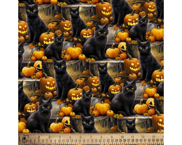 Halloween Black Cat Jack-o-lanterns Digital Cotton Print Fabric | By The Yard | Sewing and Crafting | 44 inches wide