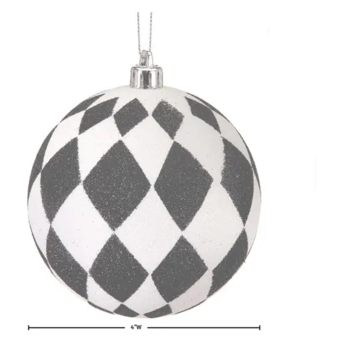 4&#x22; Glitter Harlequin Ball Ornaments: Black/White (3 pack)