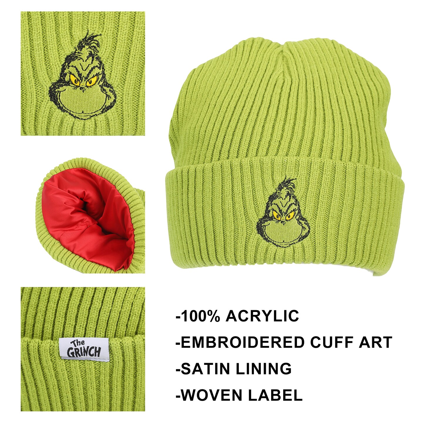 The Grinch Ribbed Knit, Embroidered Character On Green Cuff Beanie
