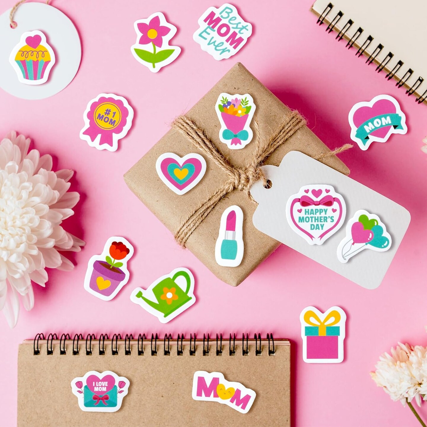 Mother’s Day Cartoon Foam Sticker - Haooryx 300pcs Happy Mother’s Day Foam Stickers Flower Pink Heart-Shape Self Adhesive EVA Stickers I Love Mom 3D Puffy Sticker for Giftwrap Card Envelope Decor