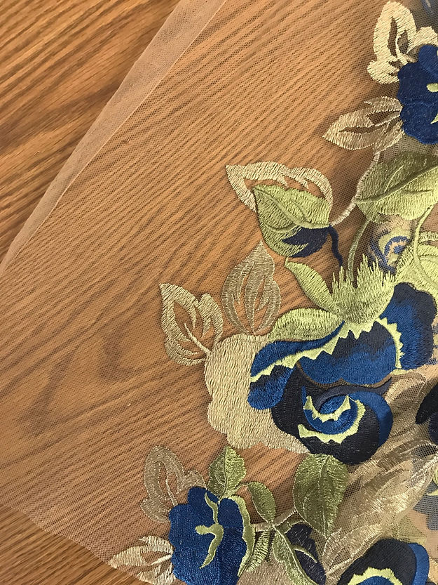 1 Yard Blue Rose Embroidered Lace Mesh Fabric Metallic Champagne Leaves 58/56&#x22; wide