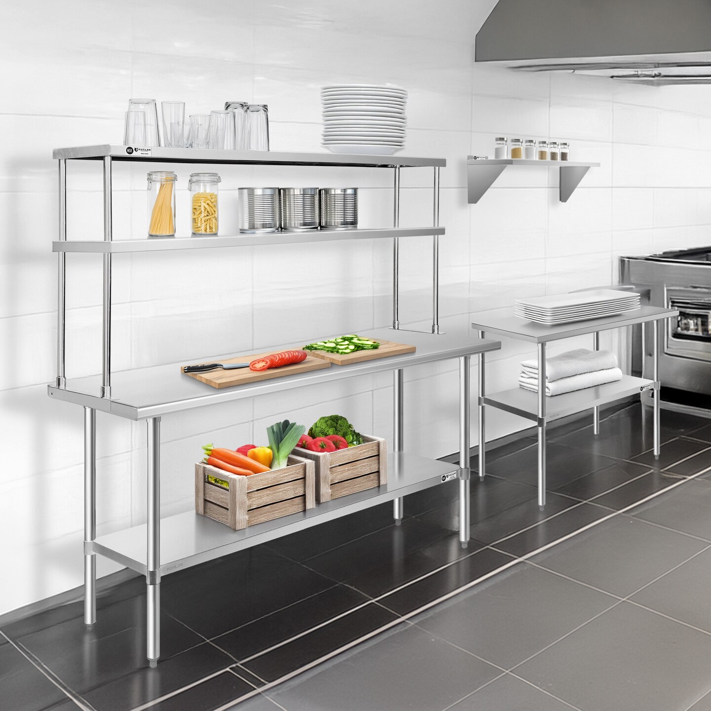 KUTLER Stainless Steel Double Overshelves, NSF Commercial 2-Tier Shelves for Prep and Work Tables for Restaurant, Kitchen, Workshop