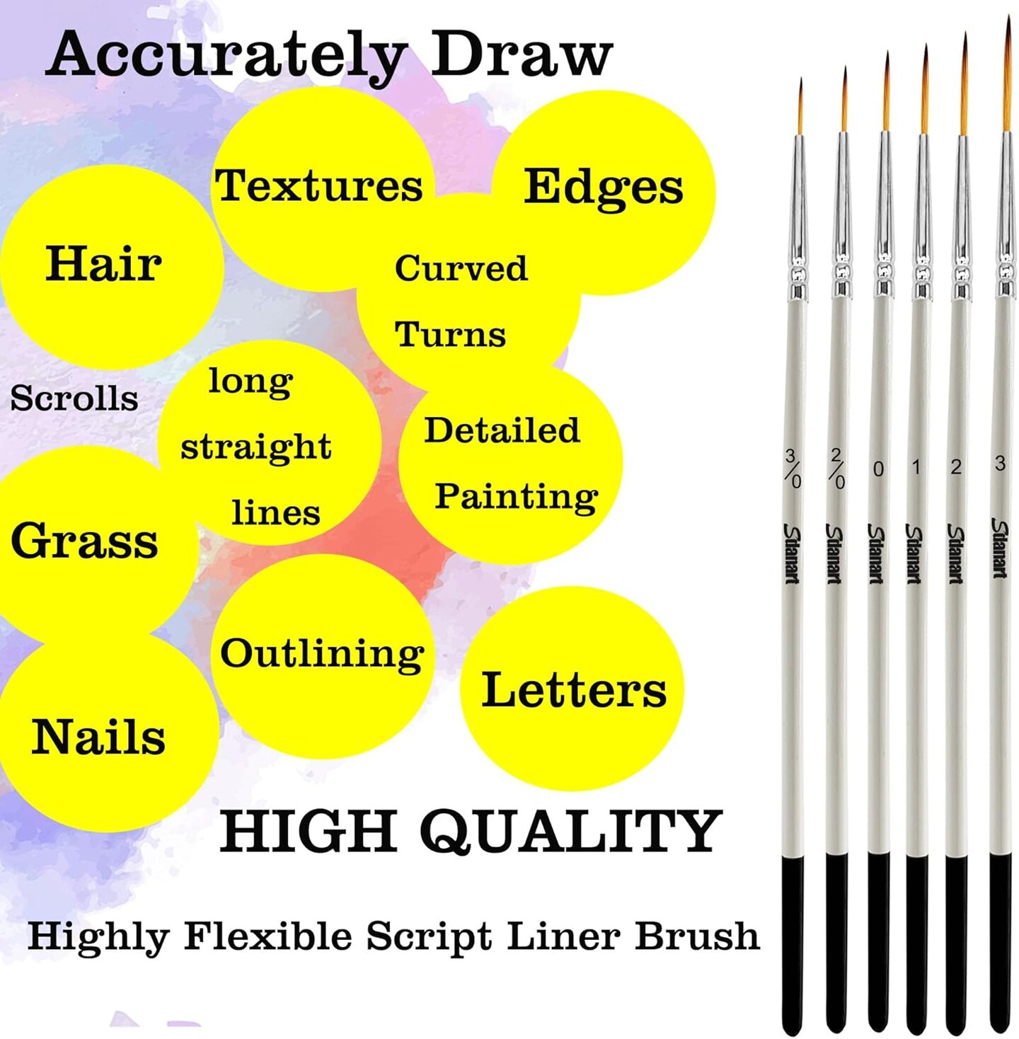 Script Liner Paintbrush 6 PCS Highly Flexible Liner Brush Extra Long Fine Point Tip Pinstriping Scroll Outlining Brush for Acrylic Watercolor Oil Gouache
