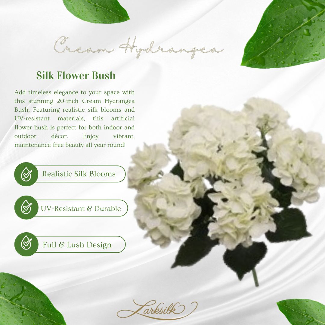Cream Hydrangea Bush - 20-Inch Lifelike Silk Flowers with UV Resistance for Indoor and Outdoor Decor | Floral Home by Artificial Flowers