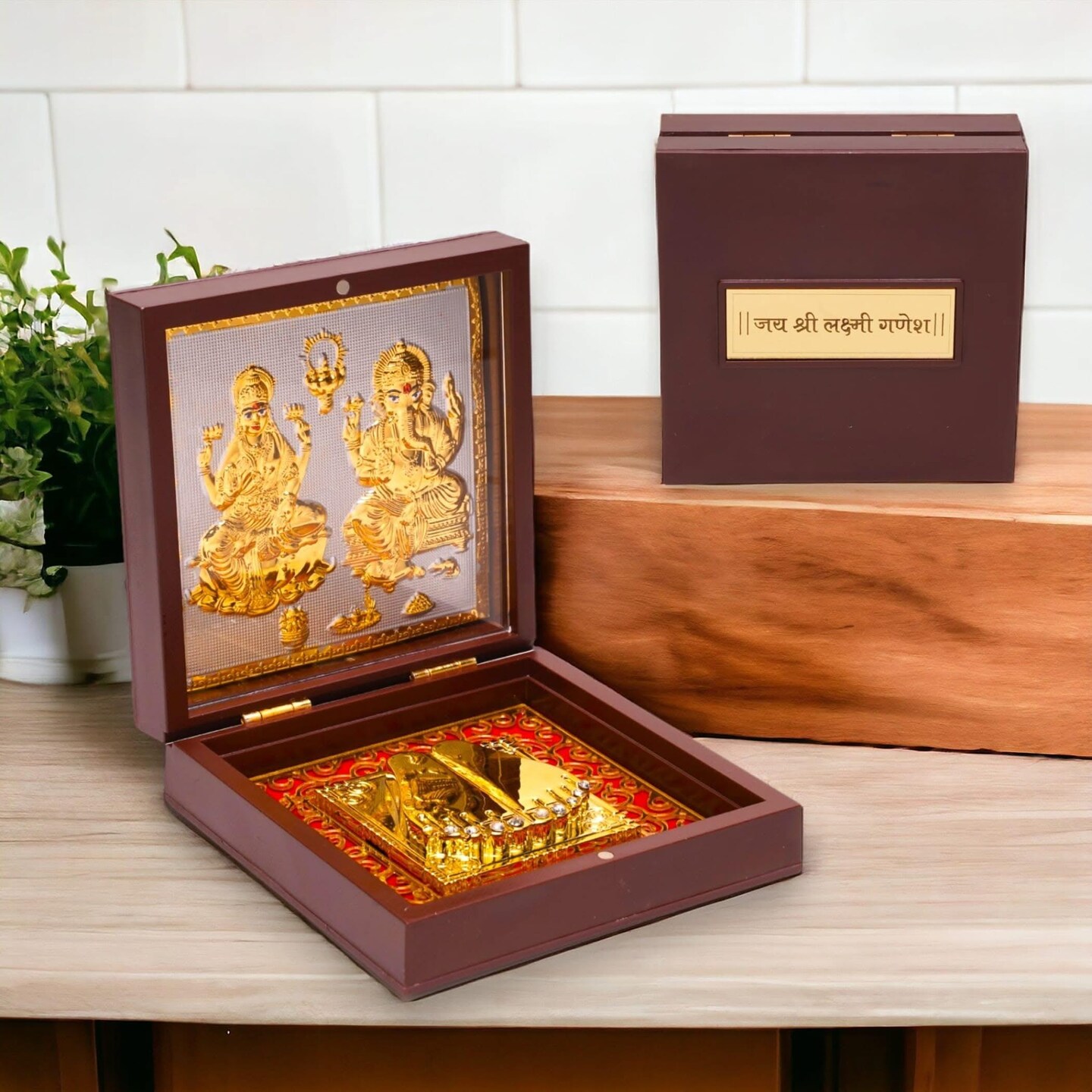 Gold Plated Laxmi Ganesha, Radha Krishna, Shrinath Ji, Sai Baba, Ganesh, Ram Laxman Sita (ram Darbar) with Charan Paduka - Diwali Housewarming Return Gift Pooja Room Decor Hindu God Paduka Prayer Box
