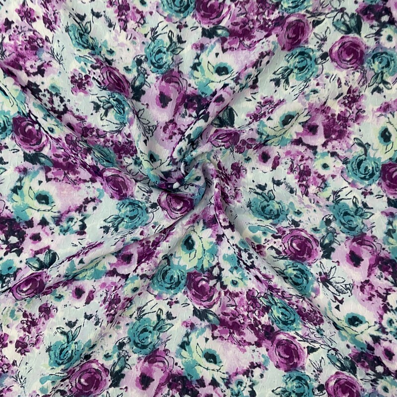 Purple-Teal-Multi Poly Floral Print Ogee Dobby Chiffon Woven Fabric By the Yard