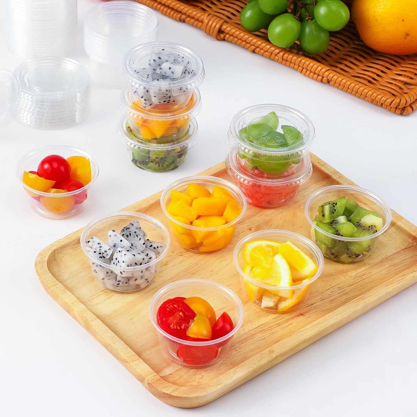 120 Sets - 2 oz Shot Cups with Lids, Airtight Portion Cups, Stackable Small Plastic Containers with Lids