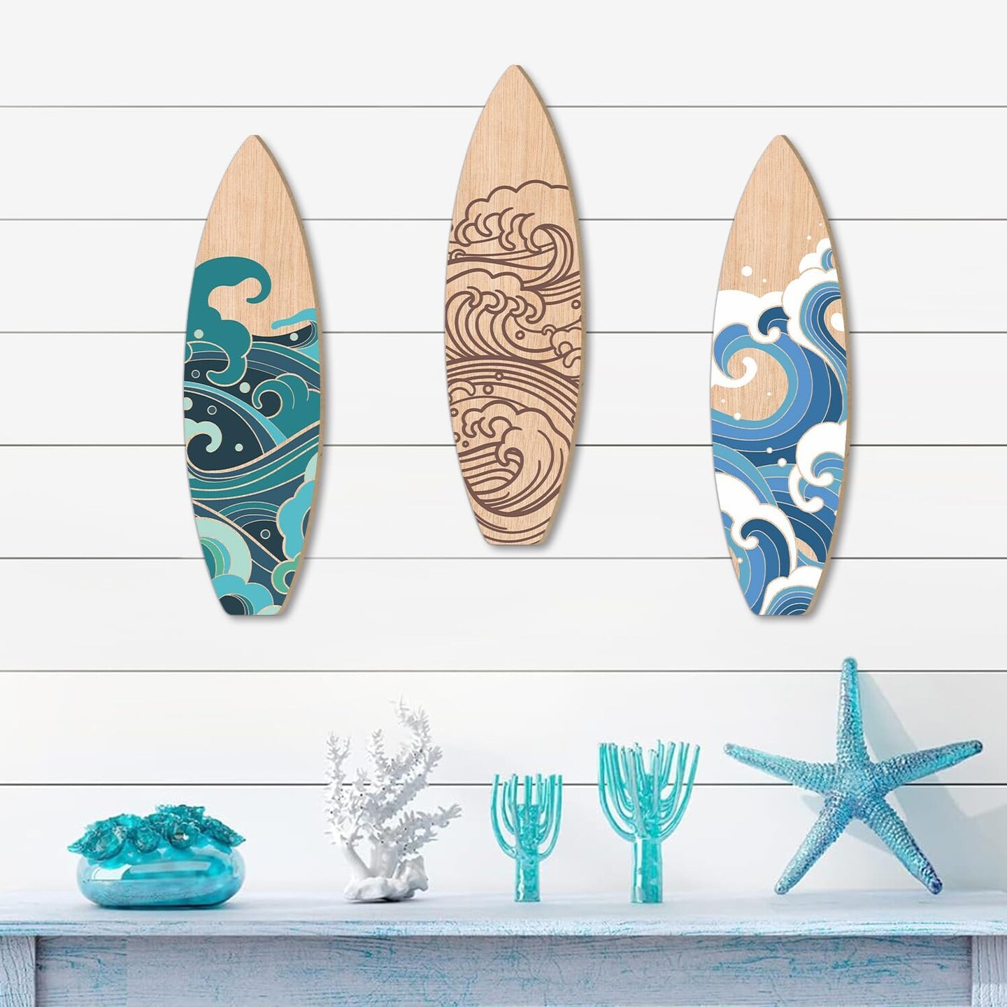 3 Pieces Summer Surfboard Wall Decor Surfboard Wooden Beach Decor for Bedroom Surf Boards for Decorating Beach Art Room Bedroom Party