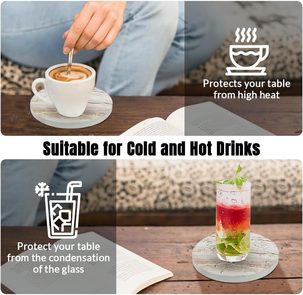 Ceramic Coasters Set of 6, Marble-Textured Design with Holder - Absorbent Cork-Backed Coasters for Cups, Bar &#x26; Coffee Table Decor Accessories (Khaki Marble, 6 Pack)
