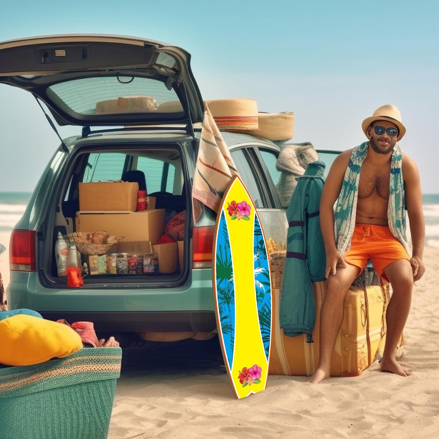 4 Pcs Summer Giant Surfboard Wall Decor Large Wooden Beach Surfboard Wall Hanging Sign Wood Surf Boards for Decorating Foldable Tropical Wall Decor for Bedroom Home Bar Party