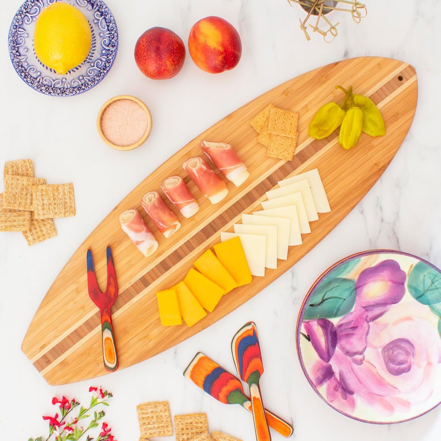 Surfboard Shaped Bamboo Wood Cutting Board and Charcuterie Serving Board, 23&#x22; x 7-1/2&#x22;