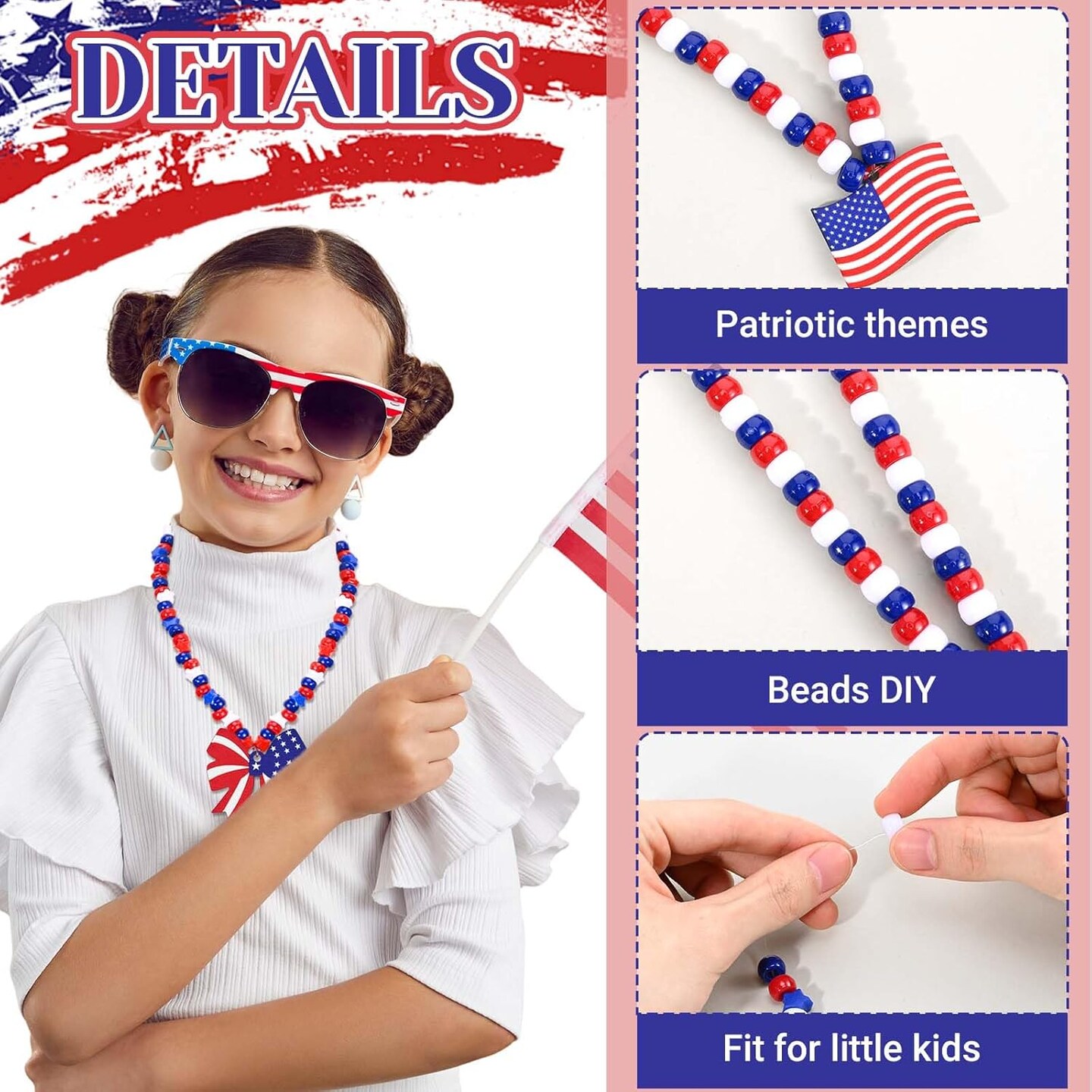 24 Set 4th of July Patriotic Craft Kits Independence Day Necklace Craft with Red White Blue Pony Beads Star Beads Wooden Pendants