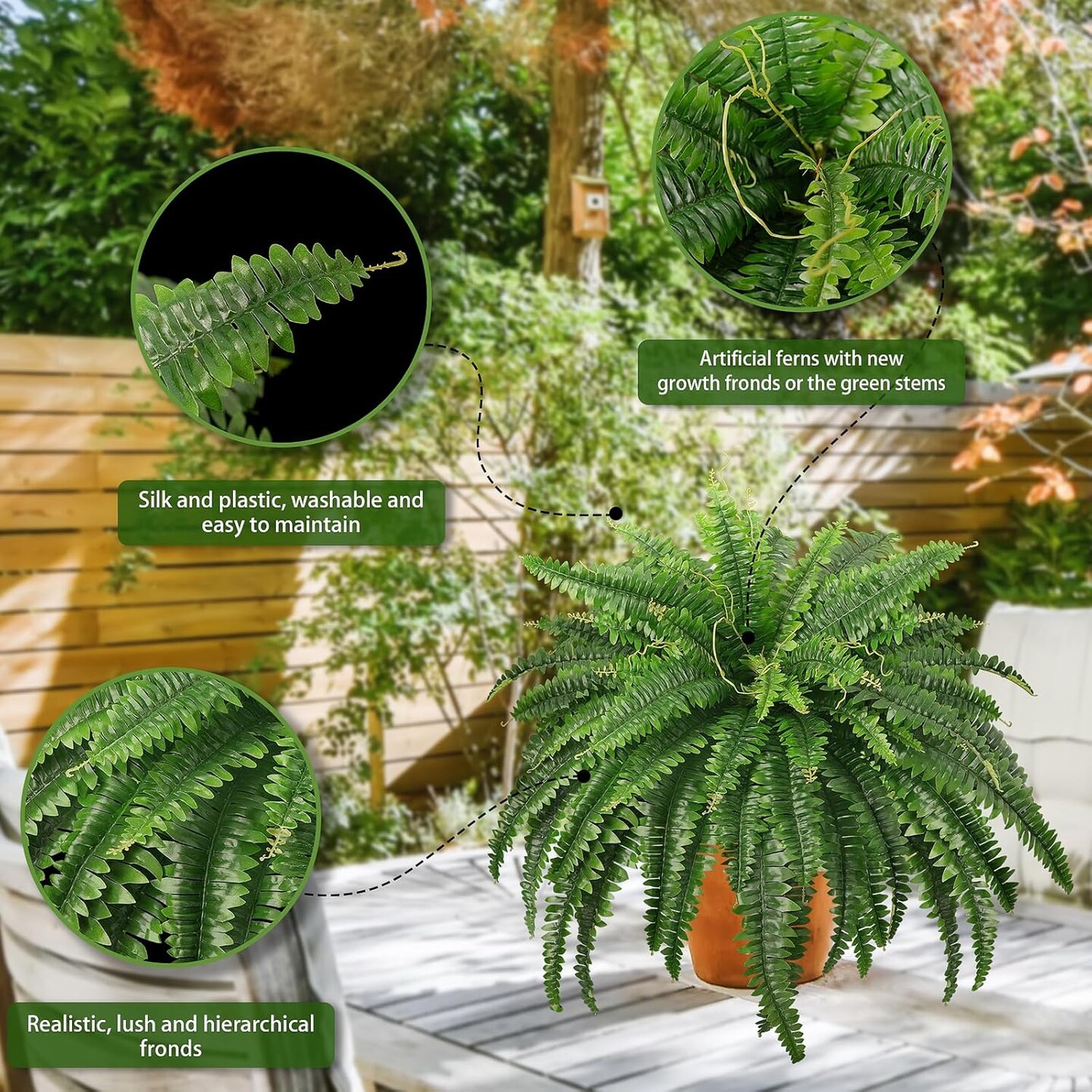 45" Fake Ferns, Realistic Large Artificial Bush Plants, 2 Artificial Boston Ferns with 59 Fronds for Outdoors