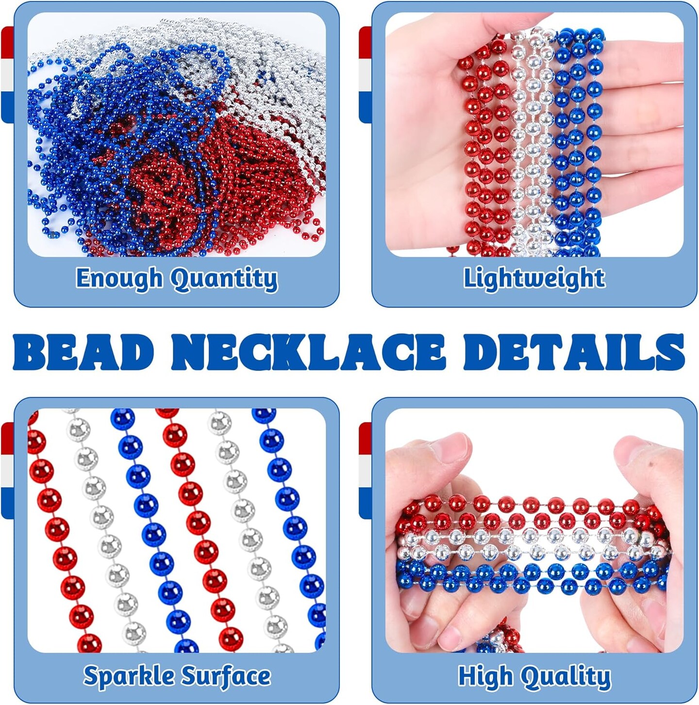 12 PCS 4th of July Beads Necklaces, 33" Red Silver Blue Beaded Necklaces Bulk, Patriotic Round Beads, Independence Day Parade Suppliesfor Fourth of July Party Accessories Decorations