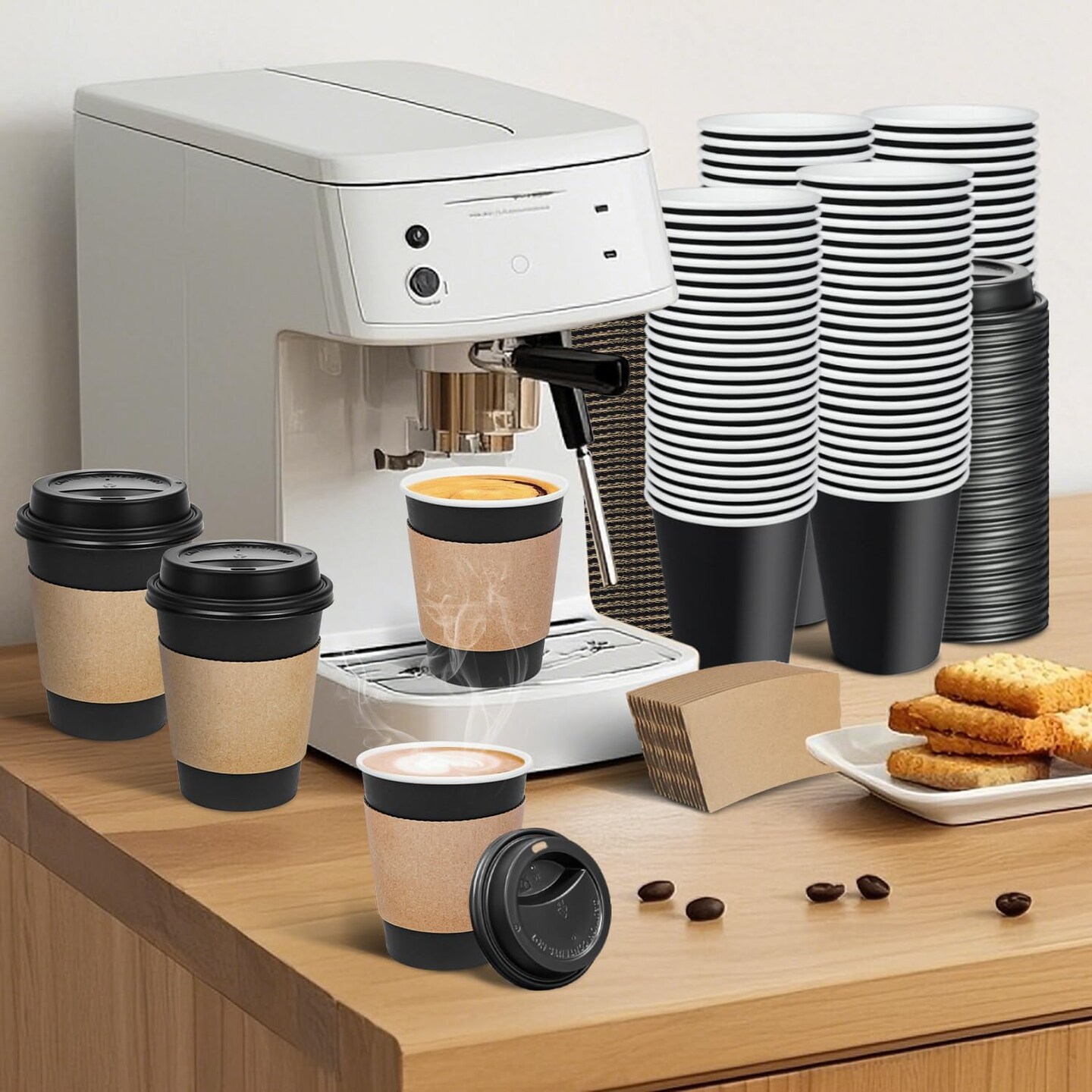 100 Pack 12 oz Disposable Coffee Cups with Lids and Sleeves, To Go Leak-Proof Black Paper Cups for Picnics, Parties, Travel, Offices and Coffee Bar Supplies
