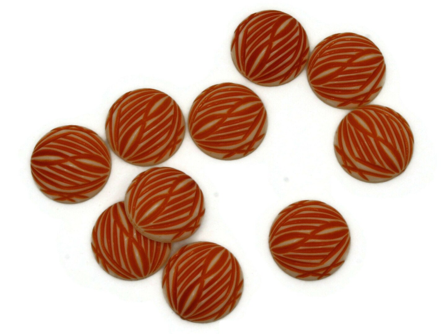 10 18mm Stripe Pattern Round White and Orange Vintage West German Plastic Cabochons bJ2