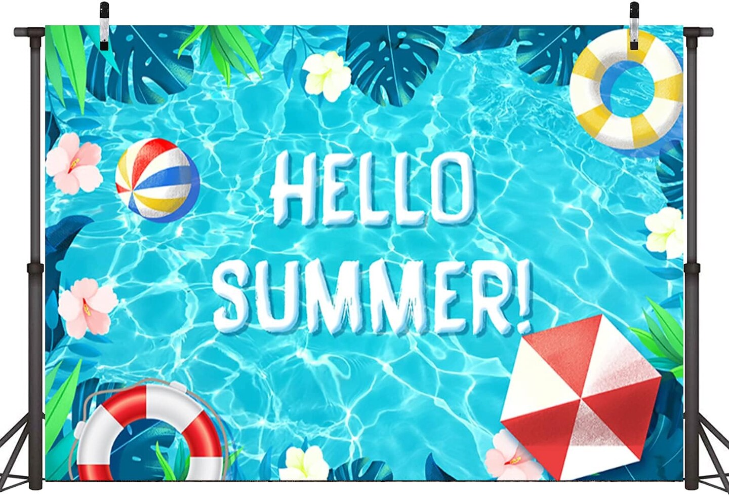 Hello Summer Pool Party Backdrop Tropical Swimming Ring Balls Hawaiian Birthday Photography Background Boy Girls Baby Shower Party Supplies Aloha Luau Decorations Banner Photobooth Props 7x5ft