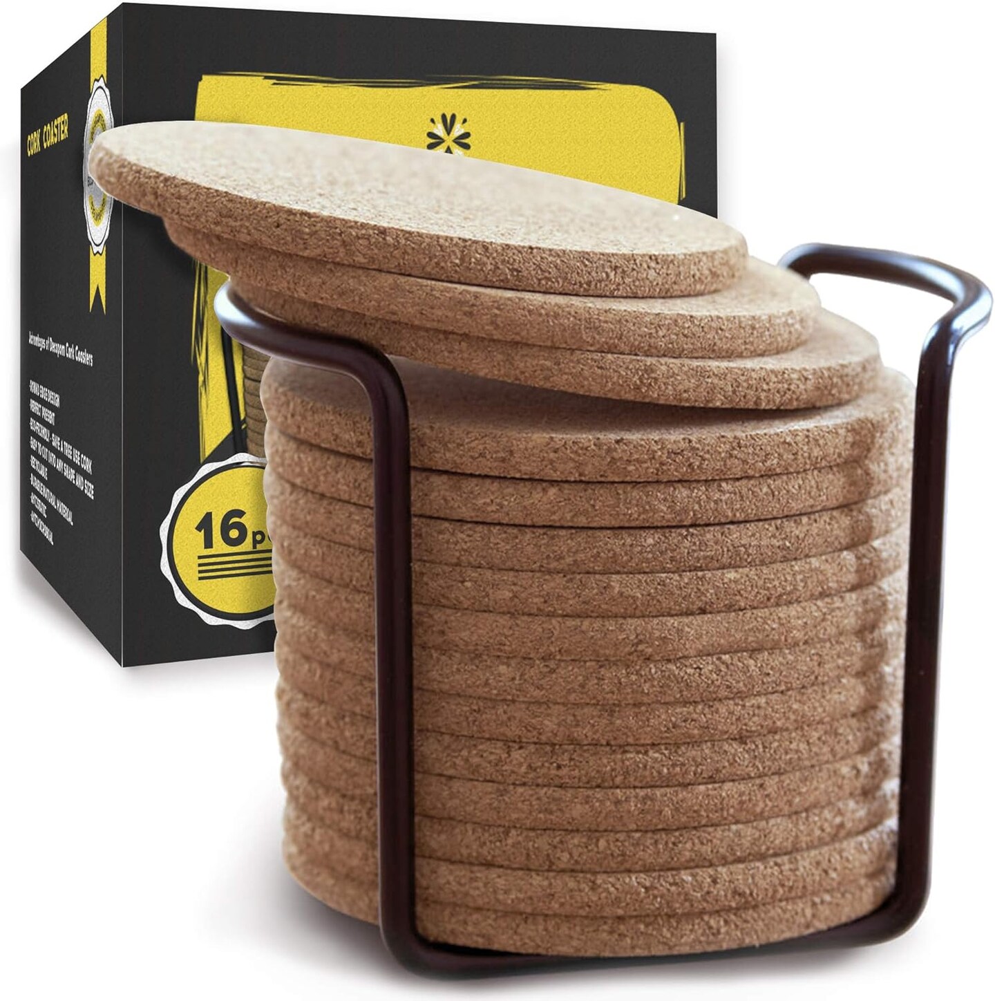 Cork Coasters for Drinks with Metal Holder - 16 Pcs Round 4 inch Drink Coaster Thick Absorbent Heat-Resistant Saucer - Used for Cold Hot Beverages Glasses Mugs Cups Plants Apartment Decor Bar Table