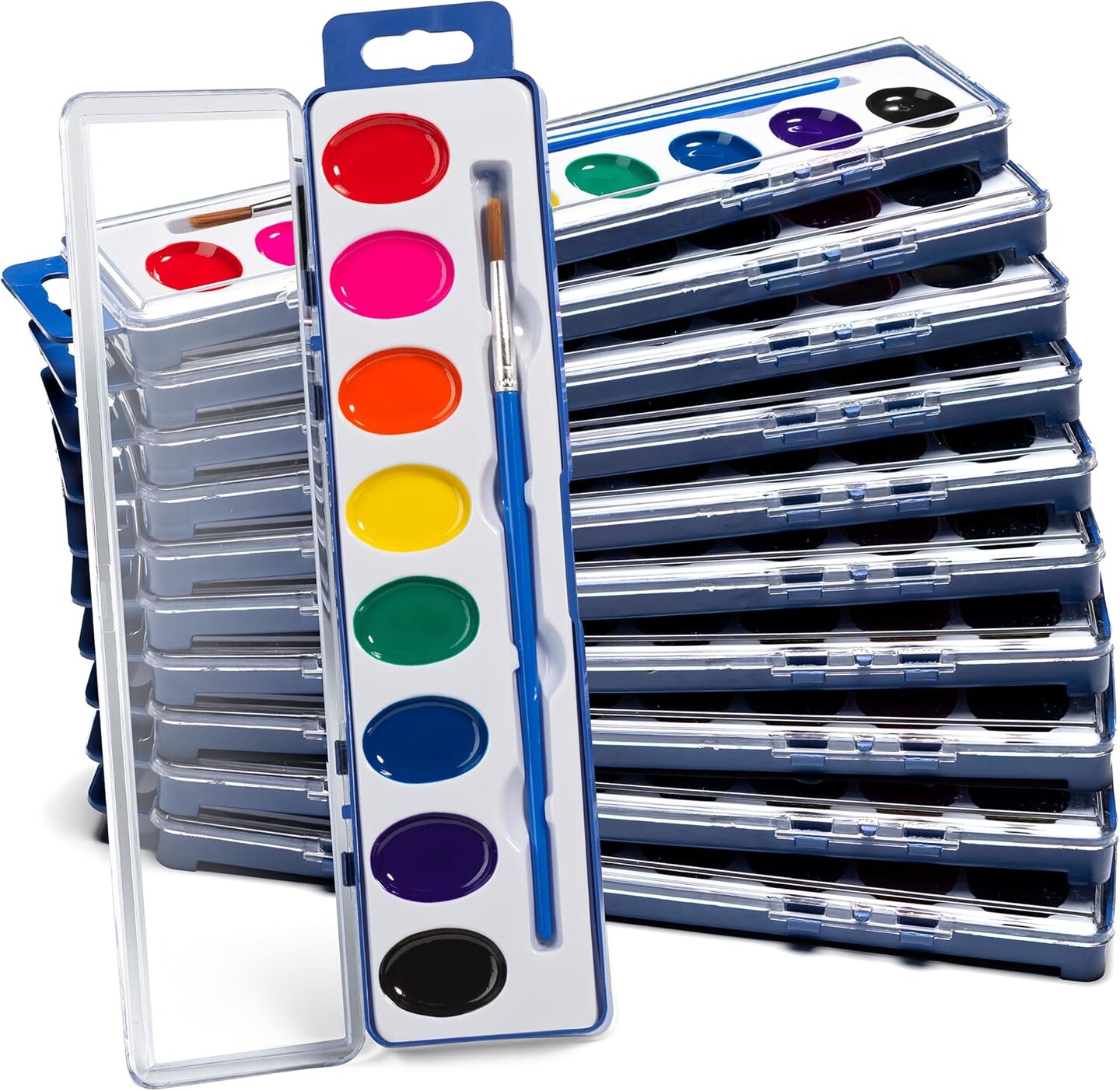 Watercolor Paint Set- Bulk Of 24 Sets - 8 Water Color Washable Paints, Palette Tray and Painting Brush, for Art Schools and Paint Party Supplies