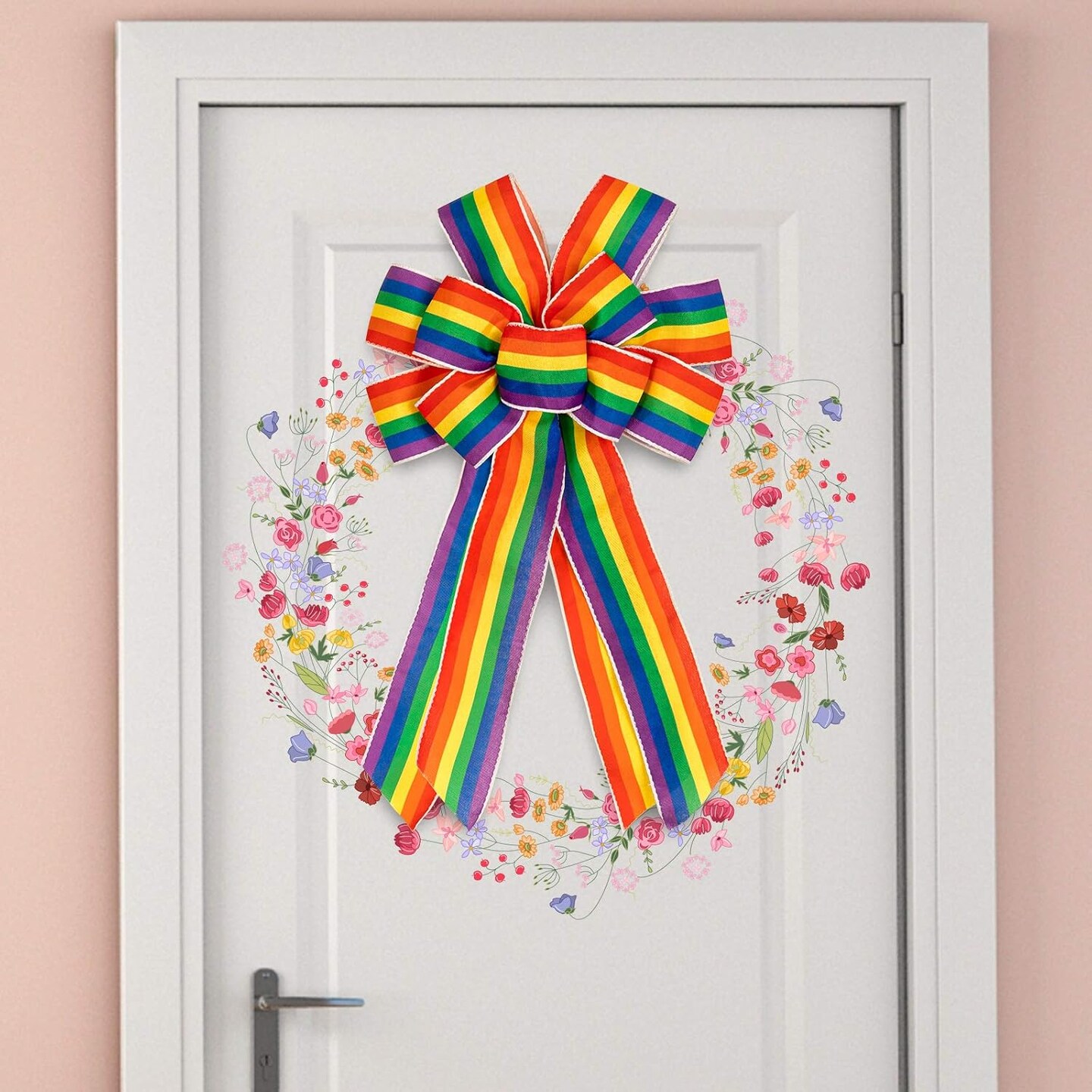 2Pcs Large Rainbow Wreath Bow Colorful Holiday Decorative Ribbon Bow Gay Pride Day Wreath Bow Ornament