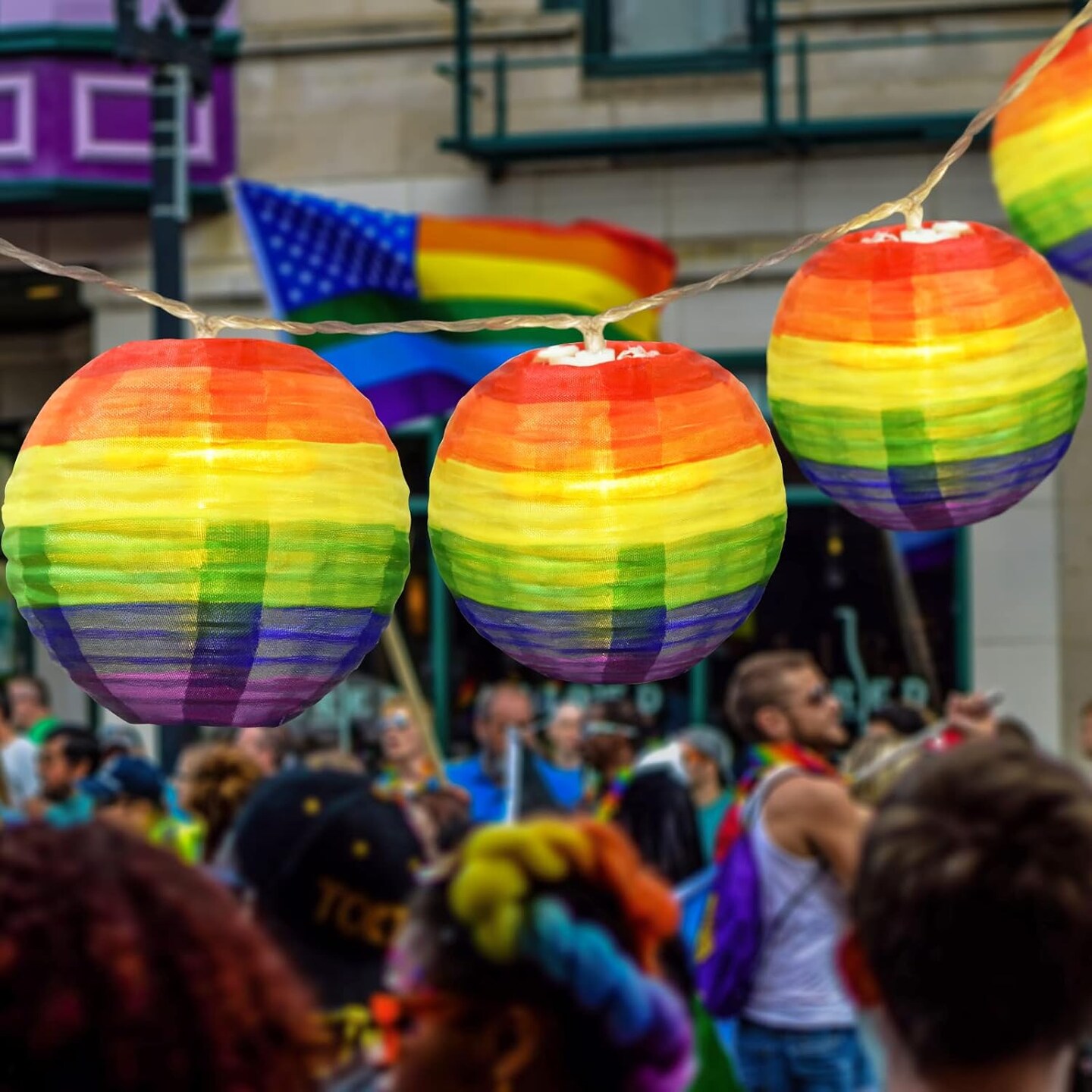 Pride Decorations Rainbow Lantern Pride Lights Gay Pride Nylon Lantern 9.4Ft Battery Operated Ball Rainbow Lights 10 Count Lantern String Lights Pride Decor for Pride Month, Room, Yard, Party
