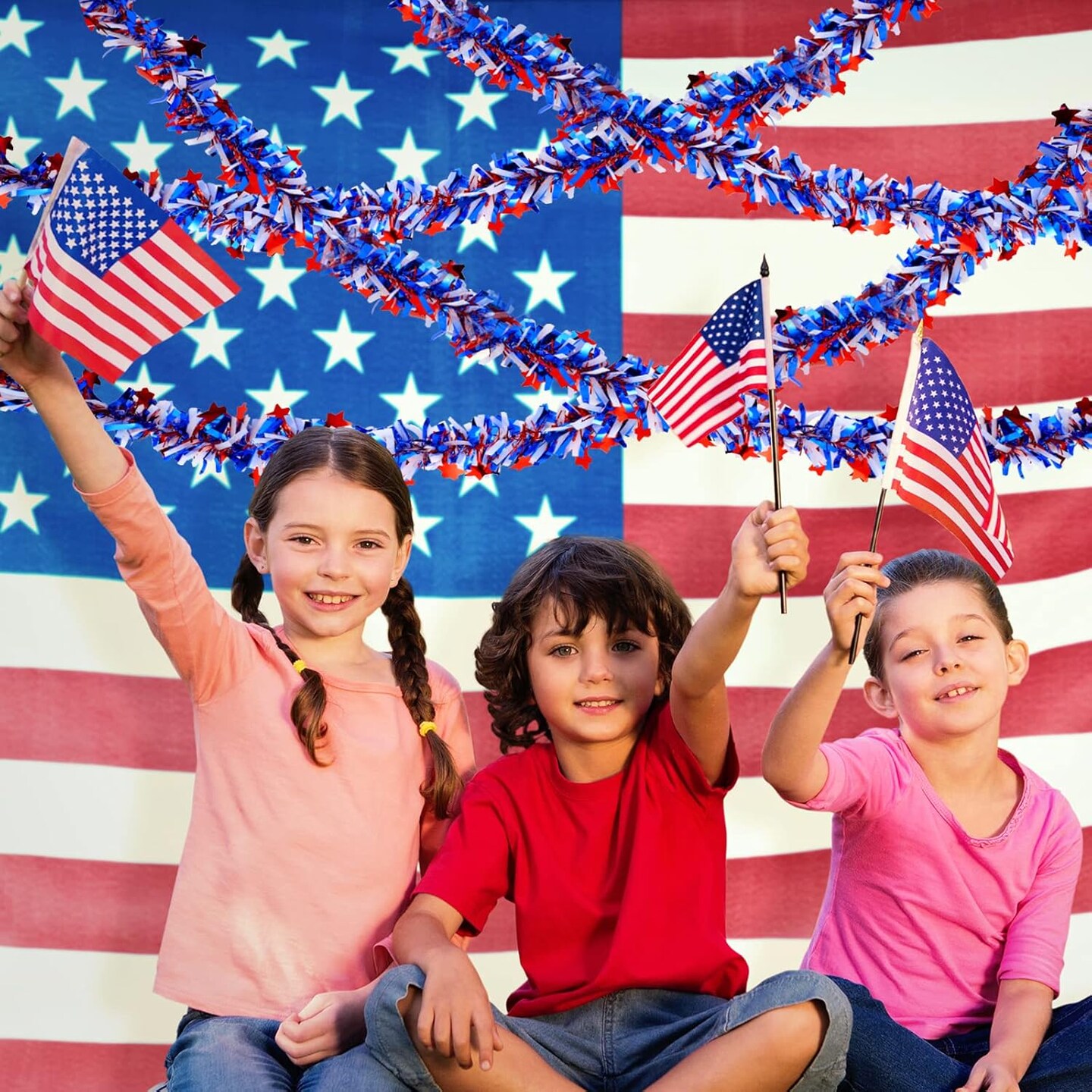 19.7 Feet Red White Blue Tinsel Garland for 4th of July Decorations