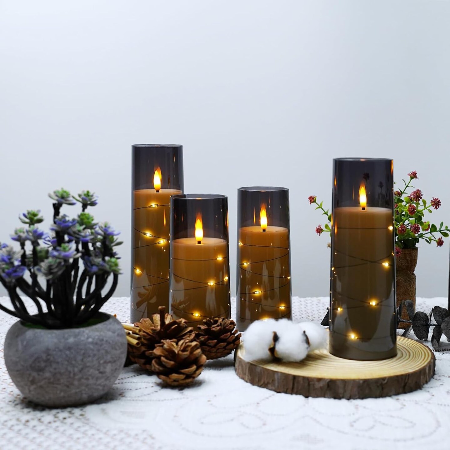 Flameless LED Candles with Timer 5 Pc Flickering Flameless Candles for Romantic Ambiance and Home Decoration Stable Acrylic Shell,with Embedded Star String&#xFF0C;Battery Operated Candles&#xFF08;Grey&#xFF09;