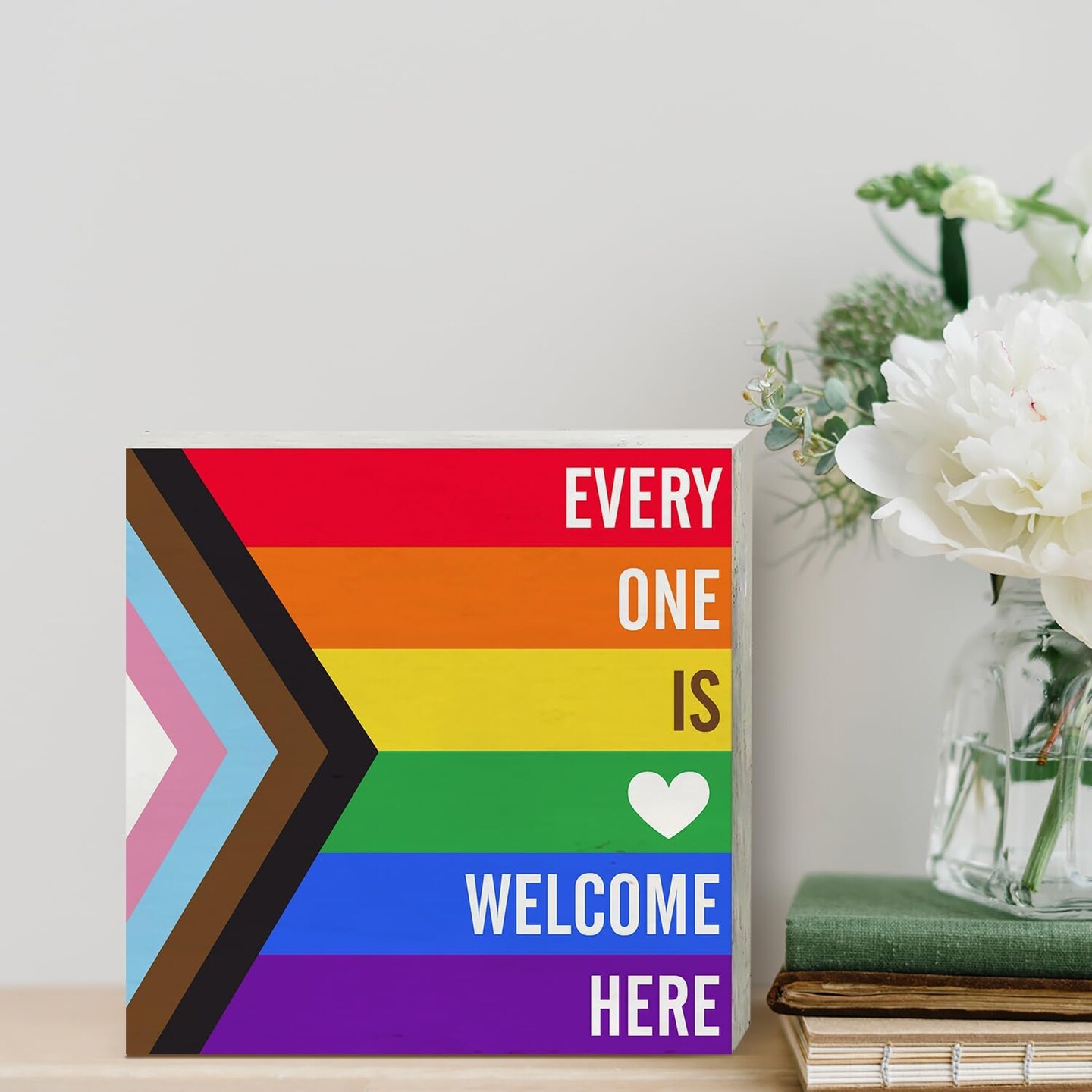 Rainbow Everyone is Welcome Here Wooden Box Sign Desk Decor LGBTQ Gay Pride Flag Wood Block Plaque Box Signs Gift for Home School Shelf Table Decoration (5 X 5 Inch)