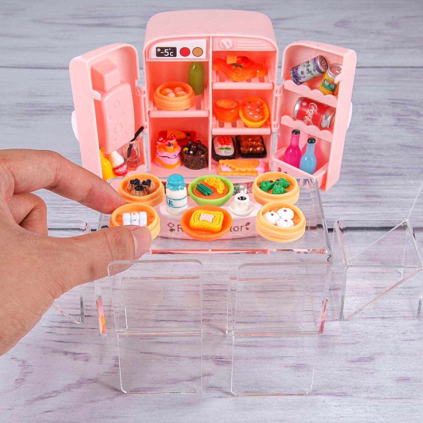 95 Pcs Dollhouse Refrigerator Mini Fridge Table Dining Car Toy with Food Set Kitchen Furniture Miniatures Party Fruits Juice Milk Desserts for Children Drink Cake Pretend Play Game Fake Ice Cubes