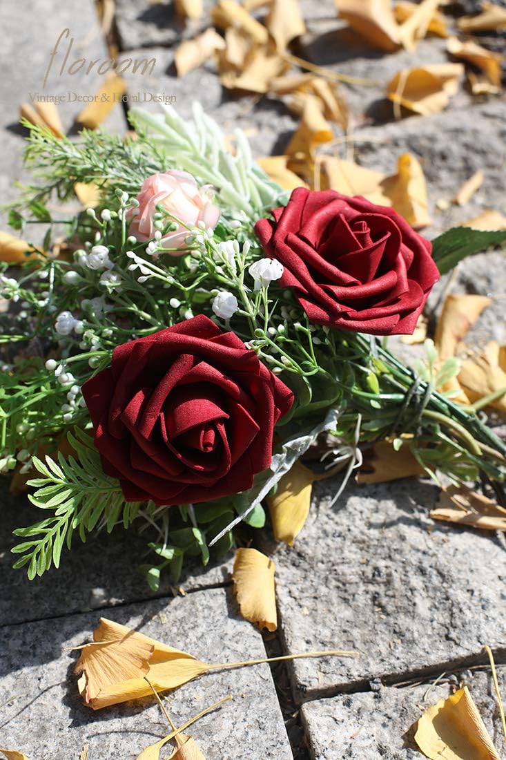 Artificial Flowers 25pcs Real Looking Burgundy Foam Fake Roses