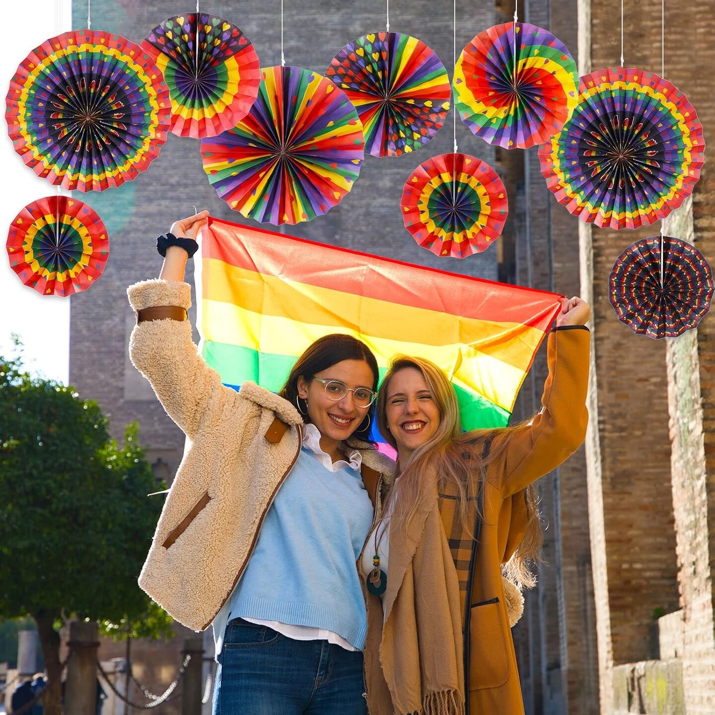 9 Pcs Gay Pride Hanging Paper Fans Decorations Rainbow Love Heart Paper Fans Ceiling Wall Garlands for Gay Pride Rainbow Party LGBT Celebration Decorations