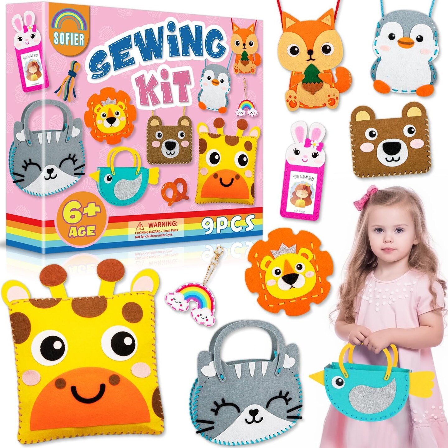 Beginner Sewing Kit for Kids 8 Pack Cute Felt DIY Crafts Arts and Crafts for Girls Animal Purse Bags Birthday Christmas Gift Idea