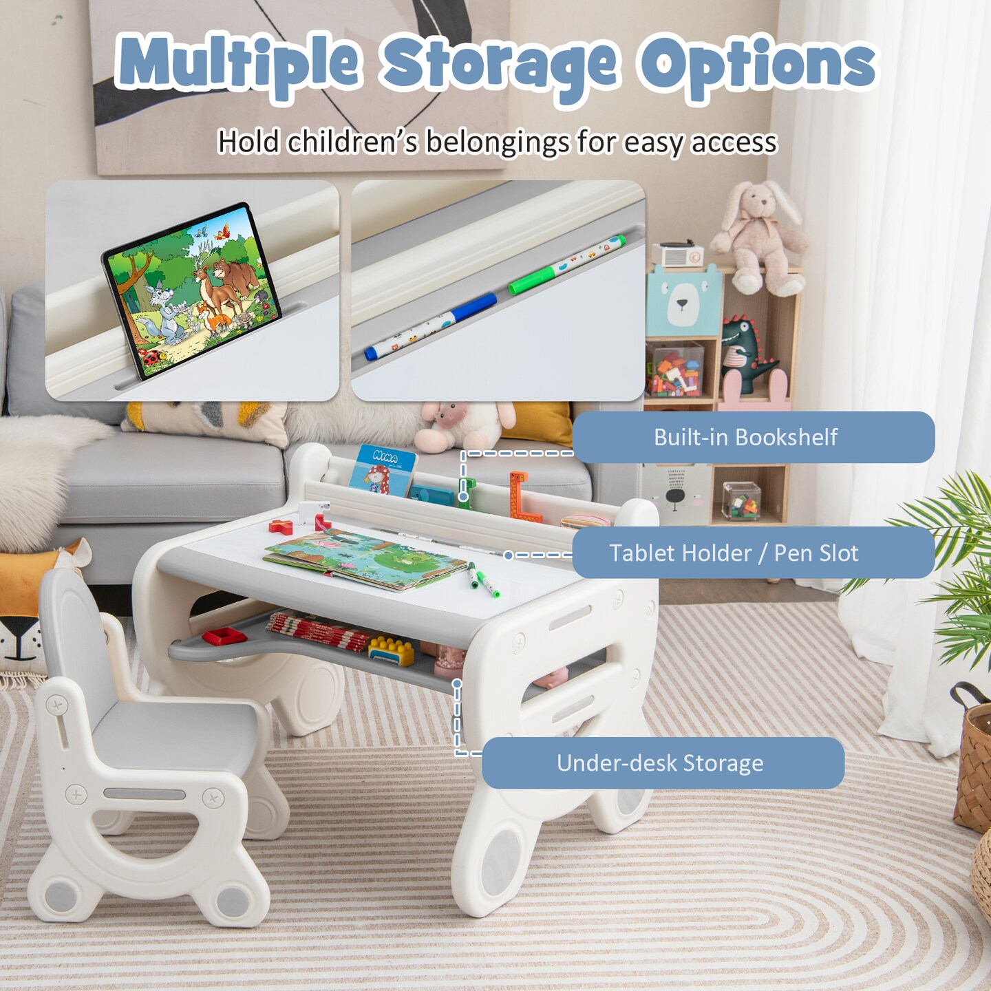 Kids Drawing Table and Chair Set Erasable Desktop Storage Shelf