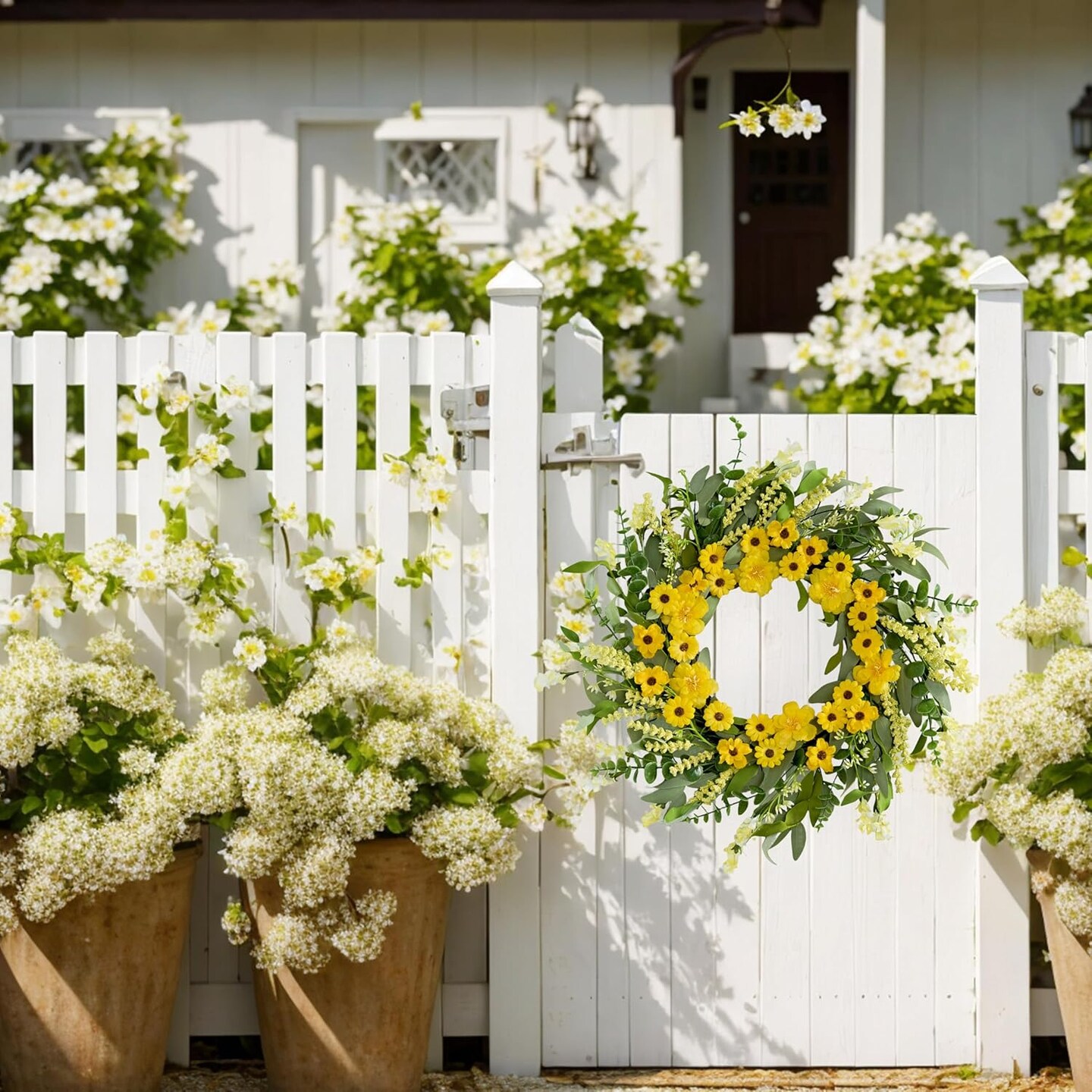 Spring Wreaths for Front Door, 22" Artificial Summer Wreath with Yellow Daisies, Green Eucalyptus & Lavender – Springtime Farmhouse Front Door, Wall & Porch Décor for Easter & Holidays