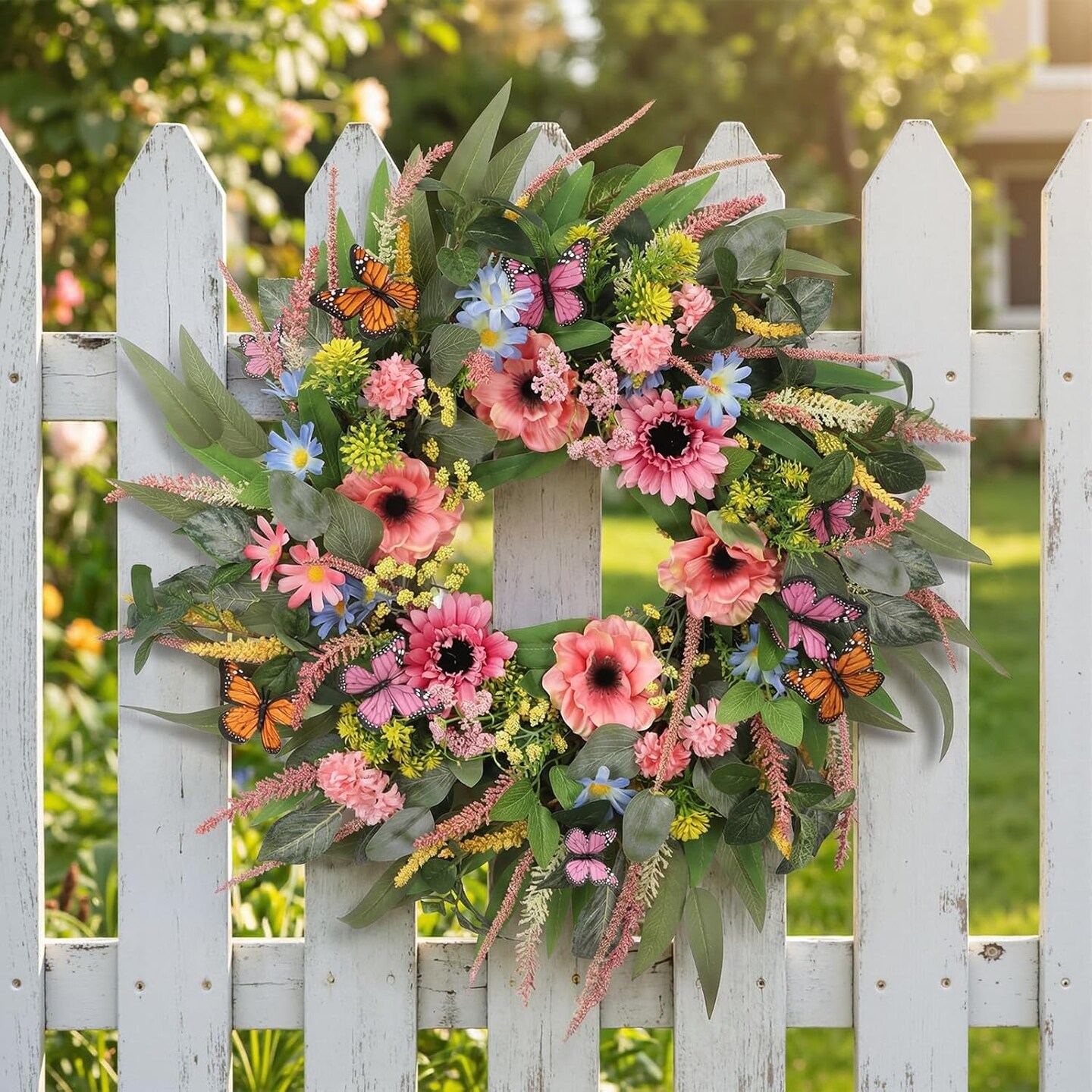 24-Inch Spring Wreath for Front Door – Handcrafted Floral Wreath with Eucalyptus, Pink Flowers & Butterfly, Farmhouse Indoor Outdoor Home Decor