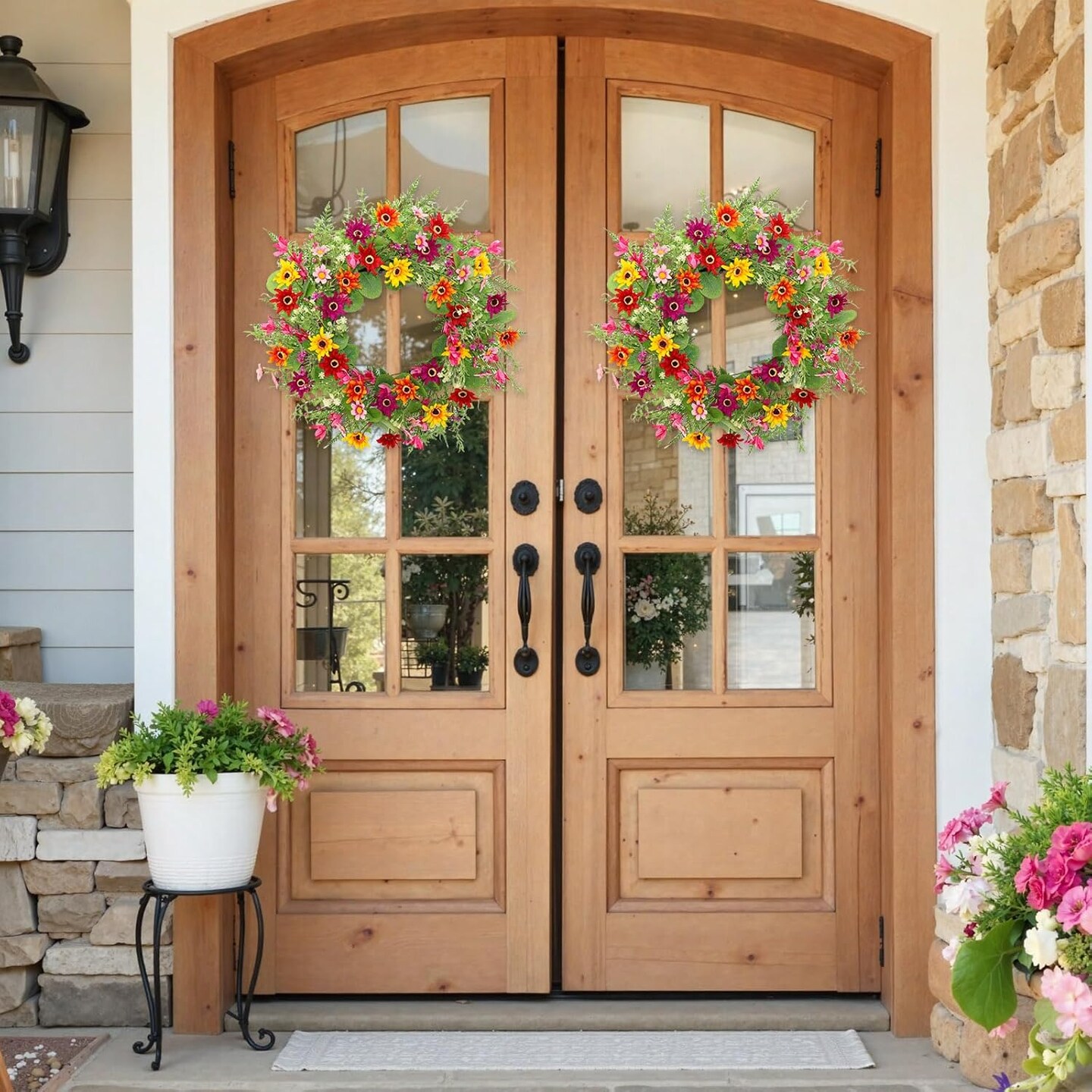 Spring Wreaths for Front Door, 22" Artificial Daisy Spring Wreath with Wildflowers, Ferns & Eucalyptus Leaves – Full Floral Farmhouse Wreath for Indoor Outdoor Door, Wall & Porch Decor