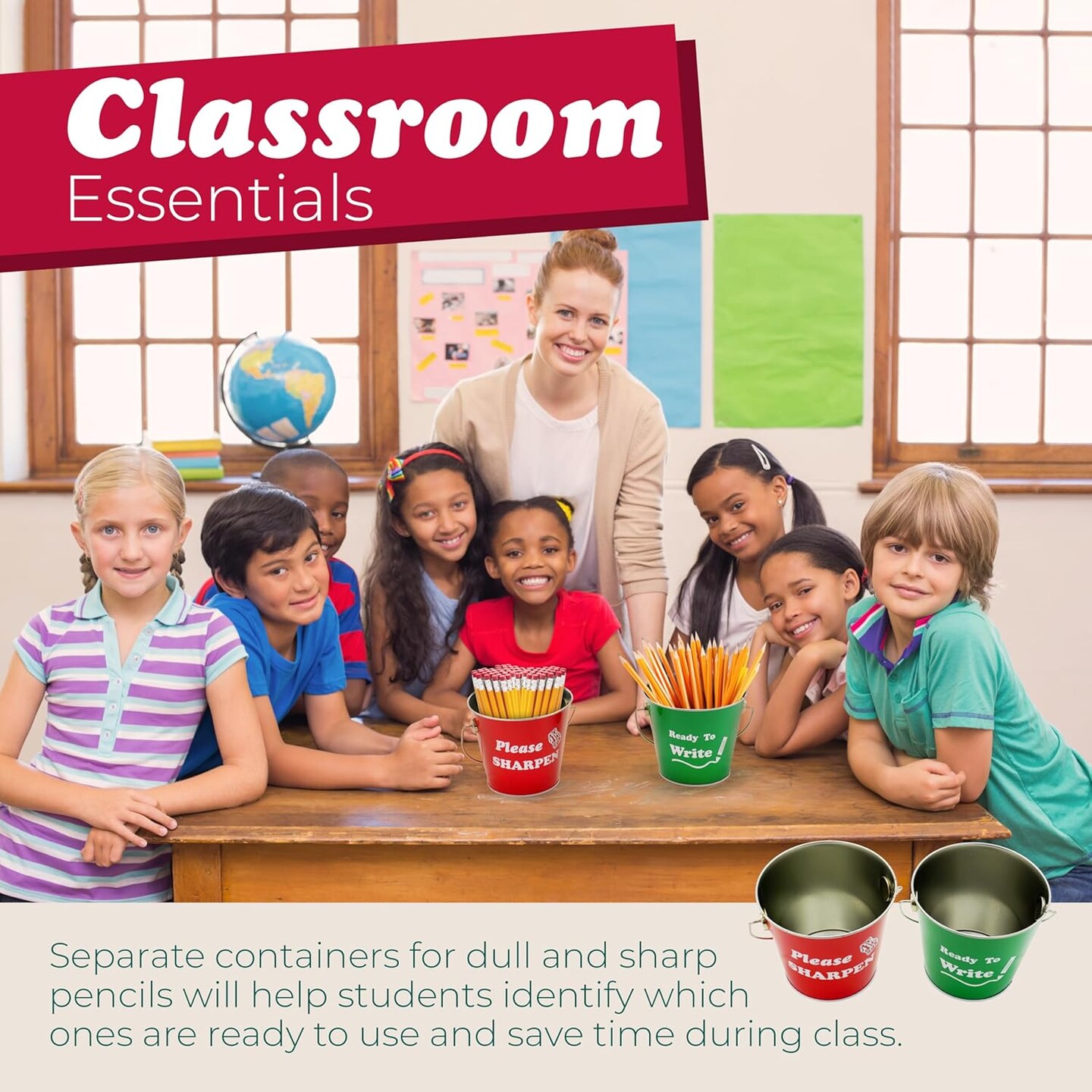 4E's Novelty Sharp and Dull Pencil Buckets - Set of 2 Metal Tin Pails, Back to School Teachers Classroom Management Organization Supplies