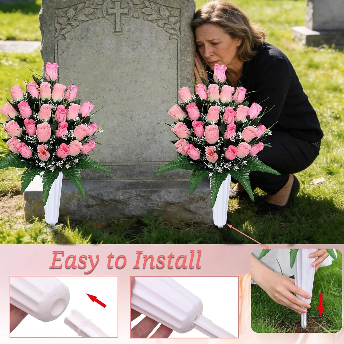 2 Sets Artificial Cemetery Flowers with Vases – Pink Memorial Rose Bouquets for Outdoor Grave Decorations