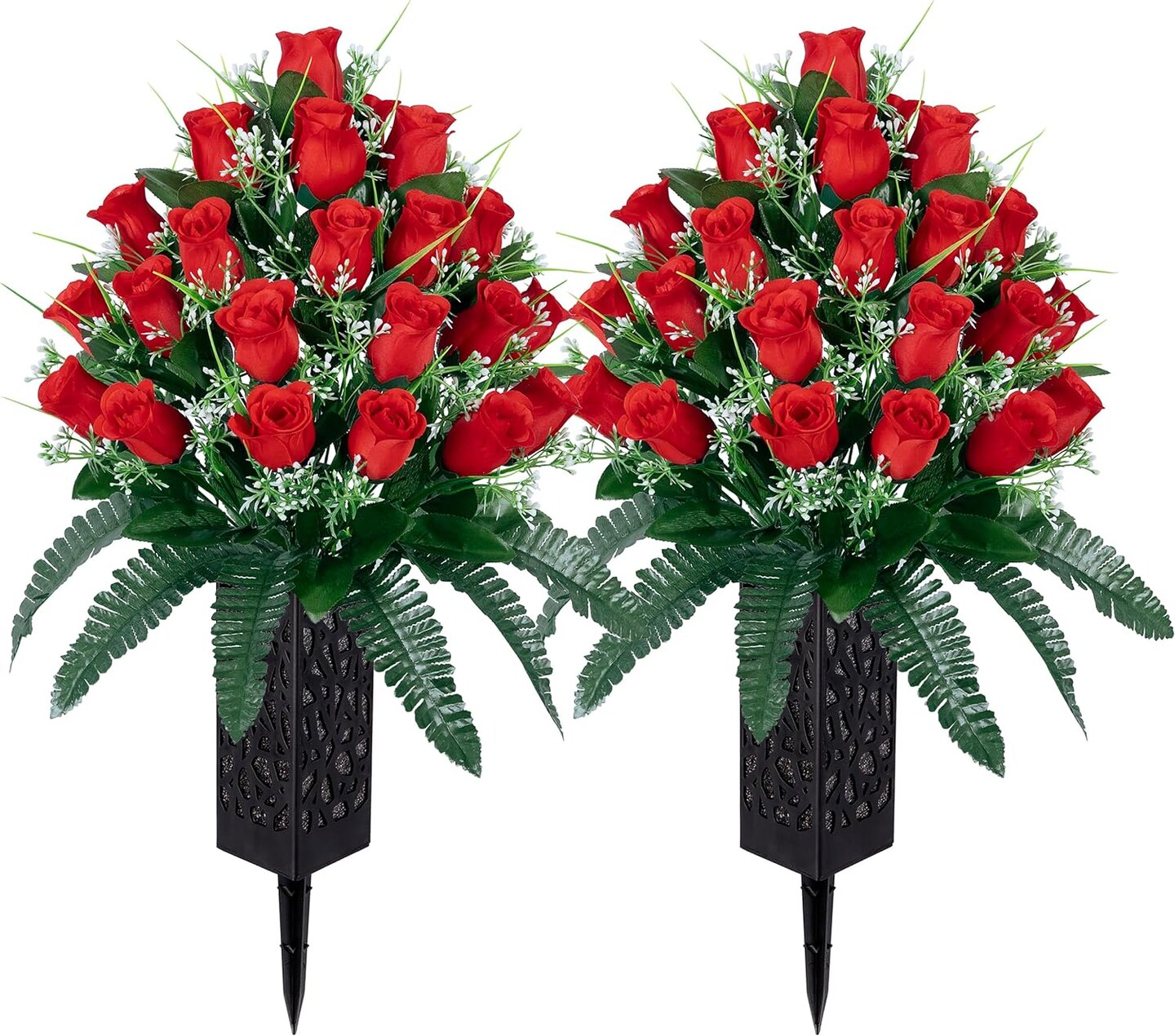 Artificial Cemetery & Memorial Flowers with Vase – Red Rose Gravesite Bouquet, Outdoor Grave Decoration, Weather-Resistant Memorial Arrangement for Headstones (2 Sets)