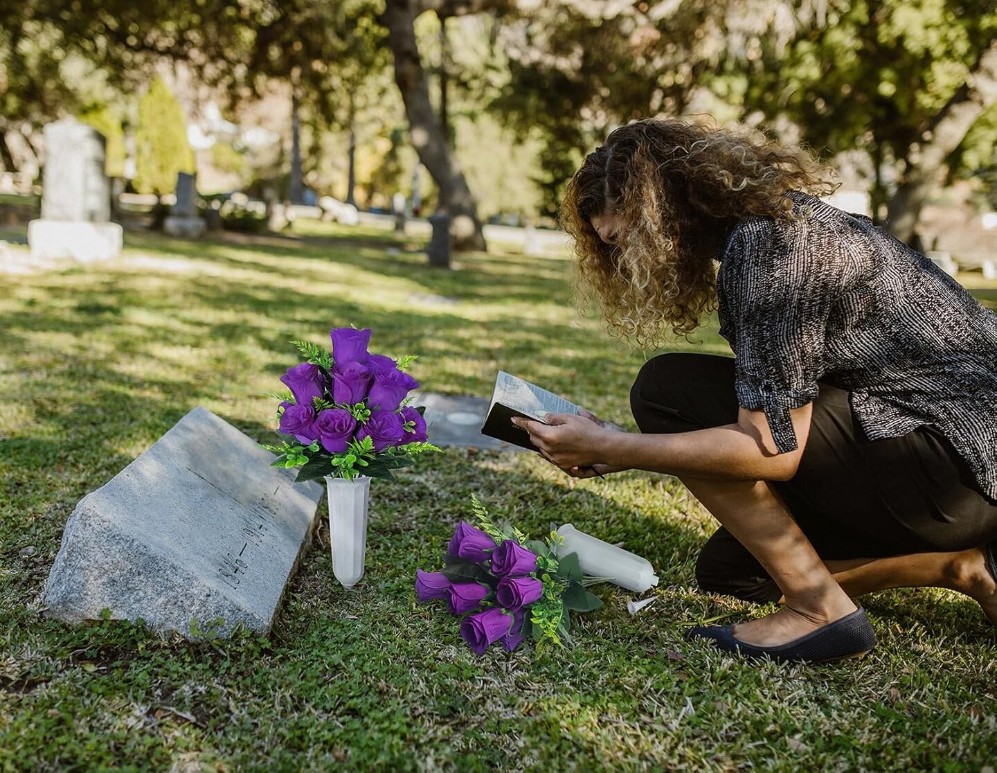 Artificial Cemetery Flowers – 2 Sets Purple Rose Bouquets with Vase for Grave, Memorial, and Outdoor Headstone Decoration