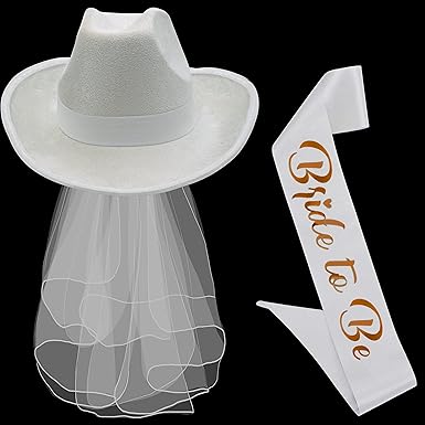 4E's Novelty Bride Cowgirl Hat with Veil & Sash - White Felt Cowboy Hat for Women, Bachelorette Hats