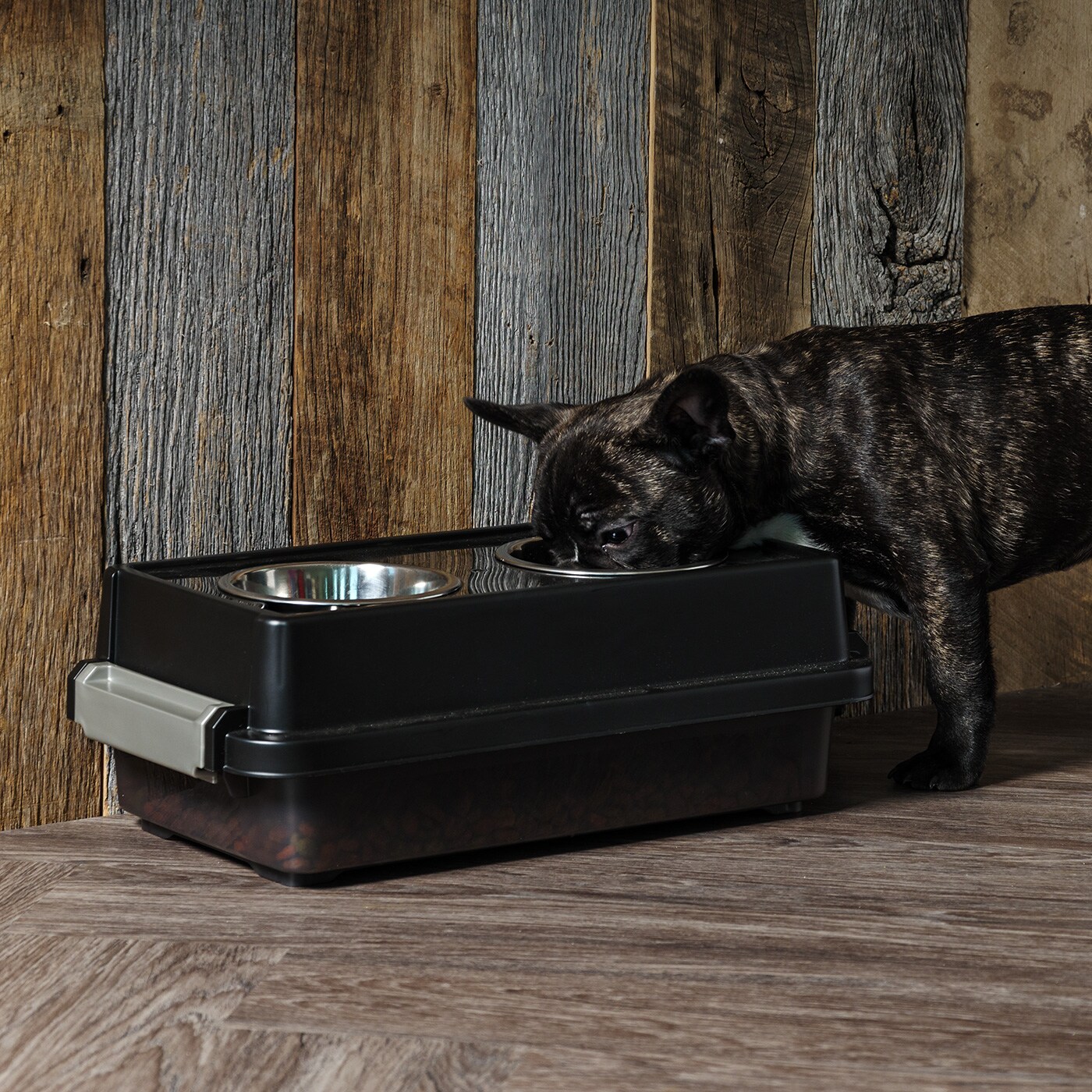 IRIS USA 2-in-1 Elevated Dog Bowls 6&#x22; H with Airtight Pet Food Storage Container 5 Lbs, 16 oz Stainless Steel Bowls, Smoke/Black