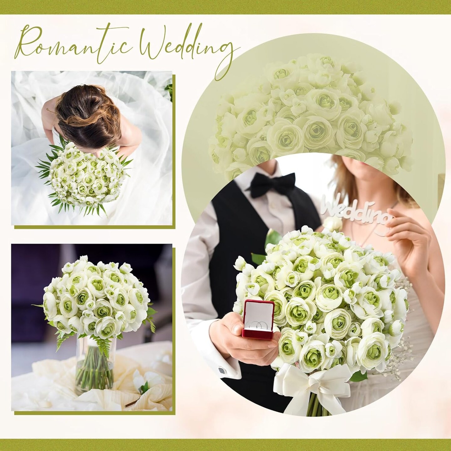 48-Piece White & Green Artificial Ranunculus Flowers – Realistic Silk Faux Peonies for DIY Bouquets, Wedding Centerpieces, Bridal Shower Decorations & Home Decor